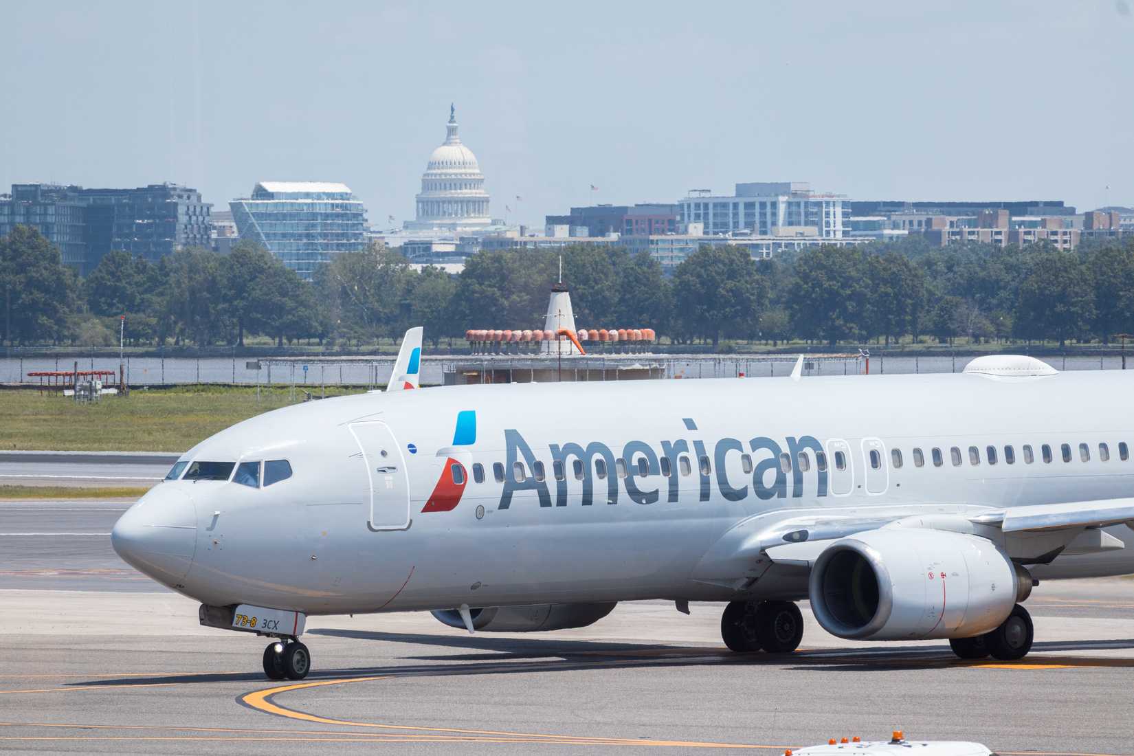 American Airlines plane takes off with US Capitol dome in Washington DC