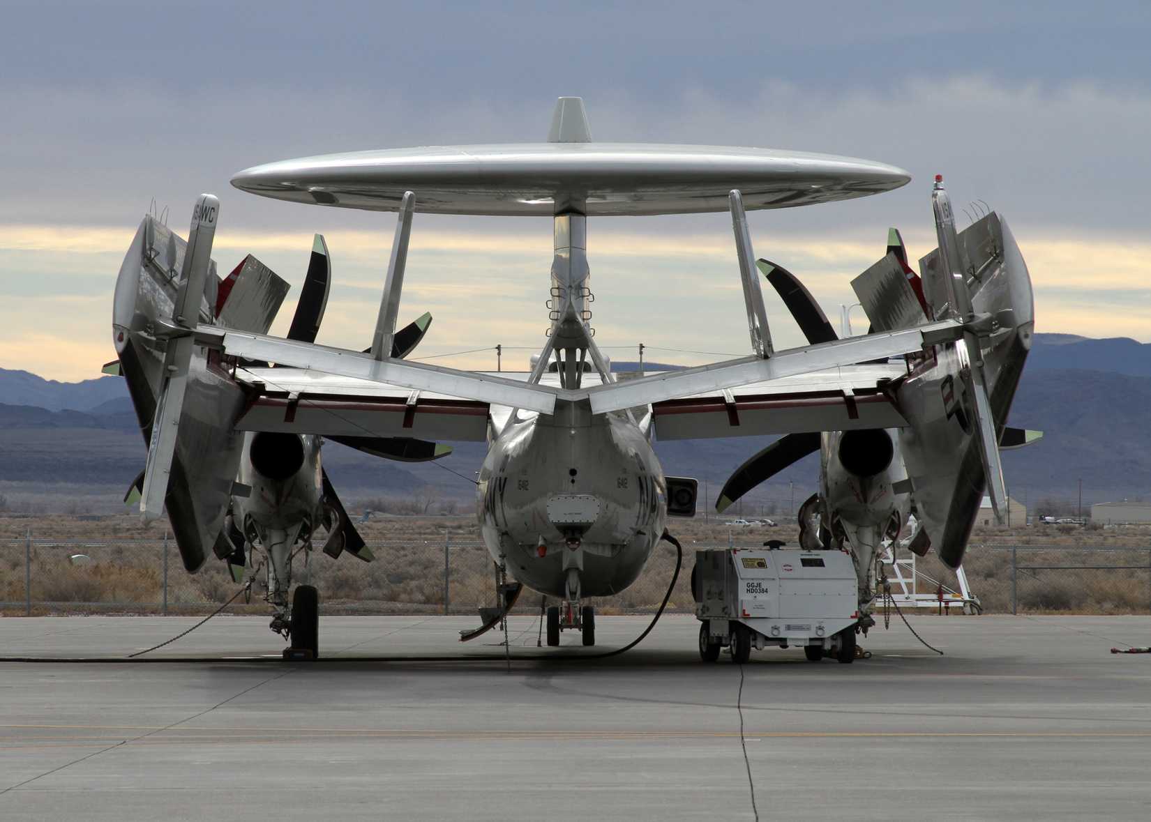 An E-2C Hawkeye, attached to Naval Strike and Air Warfare Center (NSAWC), sits on the flight line of Naval Air Station Fallon.
