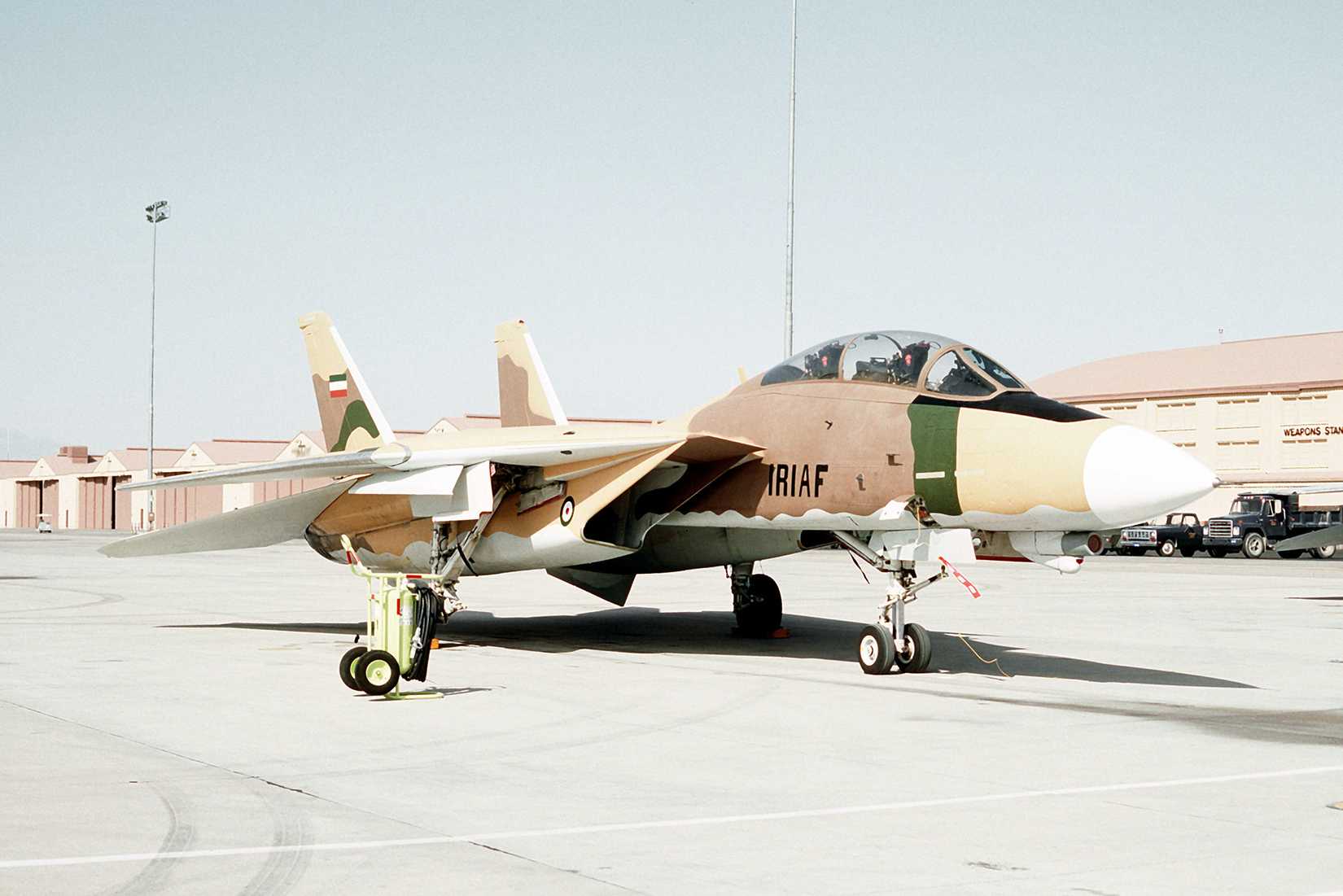 An F-14A Tomcat fighter aircraft from the U.S. Navy Top Gun Fighter Weapons School, San Diego, painted like an Iranian fighter.