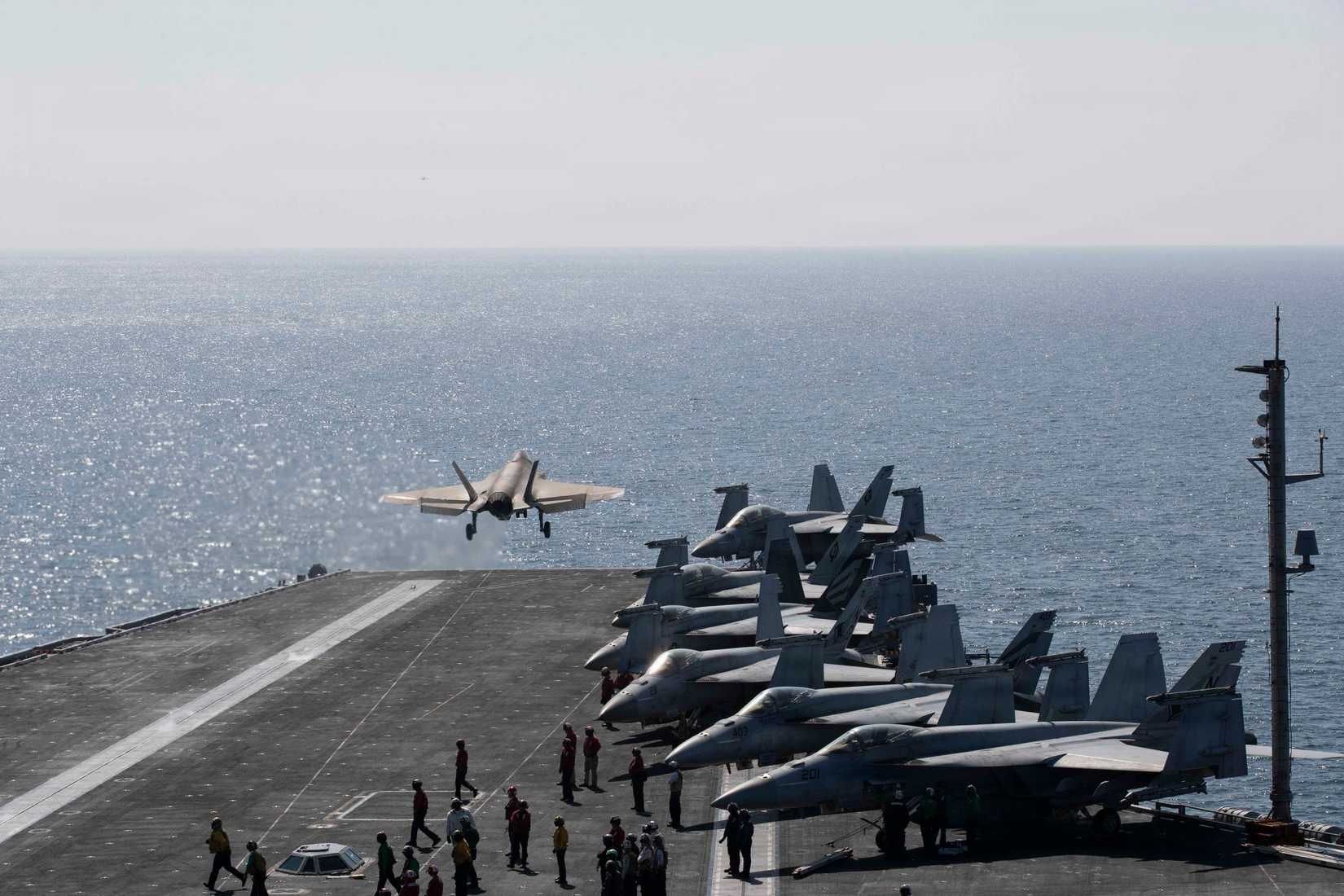 An F-35C Lightning II, attached to Marine Fighter Attack Squadron (VMFA) 314, launches from the flight deck of Nimitz-class aircraft carrier USS Abraham Lincoln (CVN 72).