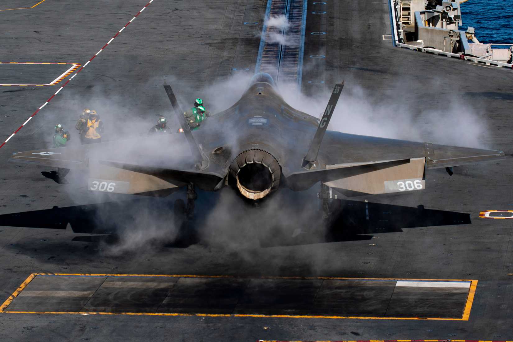 An F-35C Lightning II, attached to Marine Fighter Attack Squadron (VMFA) 314, prepares to launch from the flight deck.