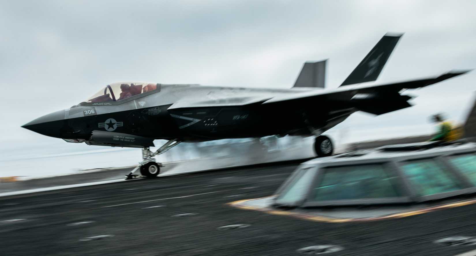 An F-35C Lightning II, attached to the Argonauts of Strike Fighter Squadron (VFA) 147, takes off from the flight deck.