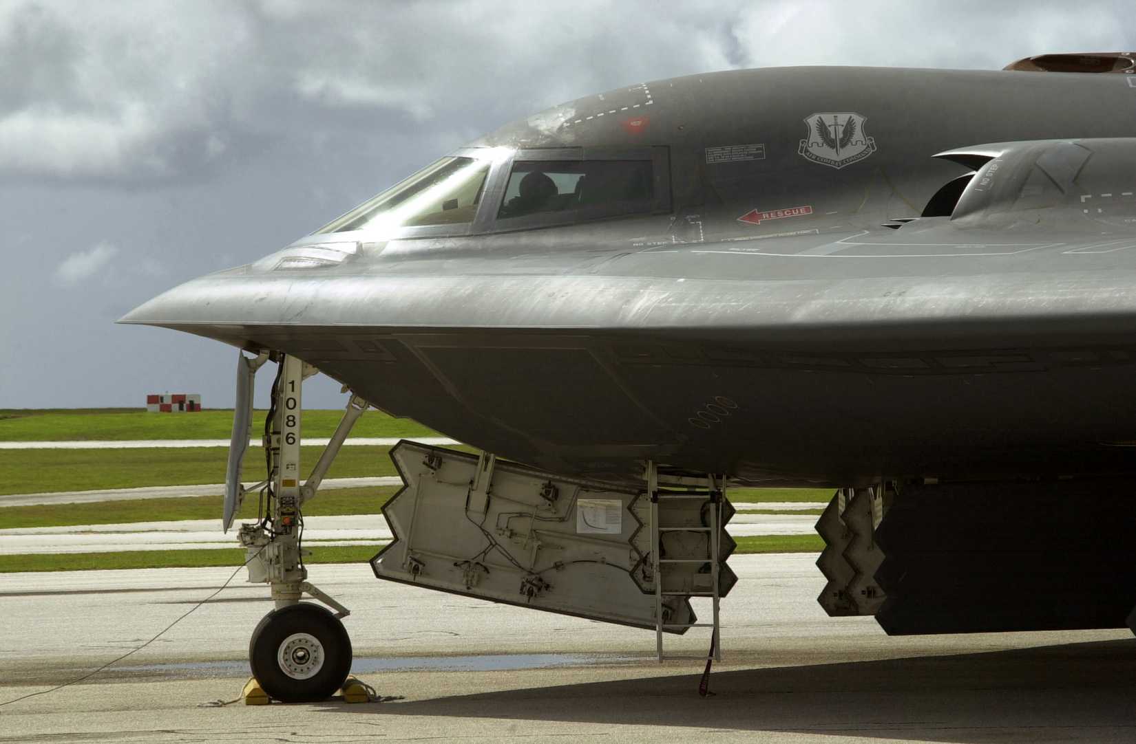 B-2 Spirit, Spirit of Kitty Hawk, sits at its parking spot shortly after landing at Andersen AFB, Guam.
