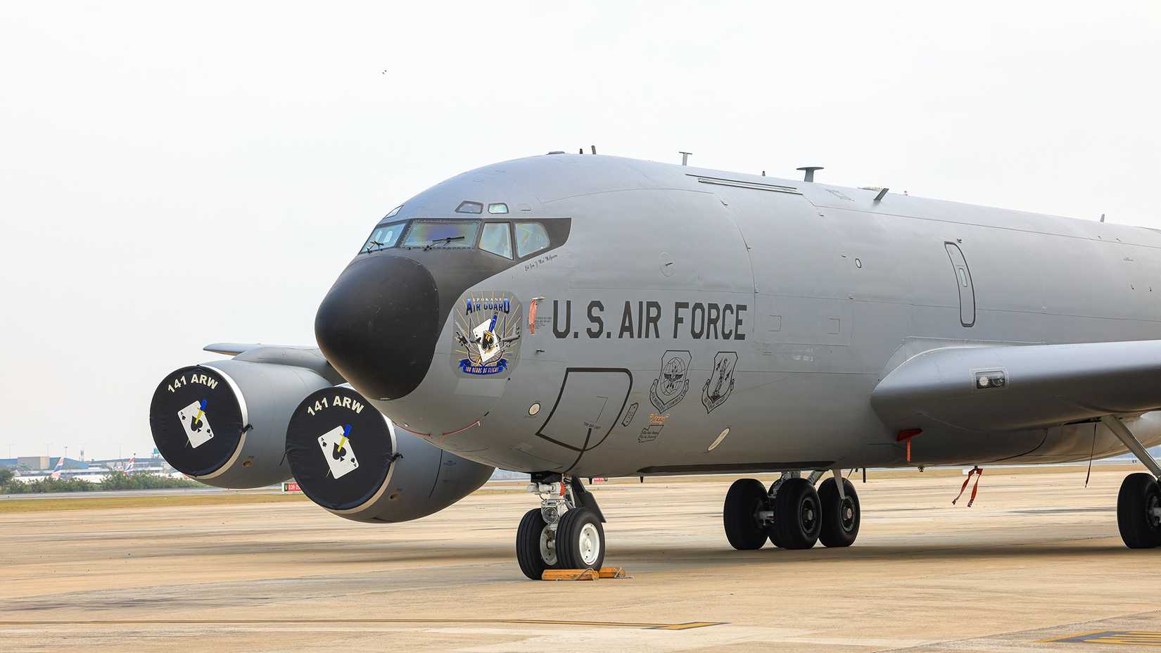 BANGKOK THAILAND - 7 Mar, 2025 A United States Air Force military aerial refueling tanker Boing KC-135 Stratotanker at the airbase apron