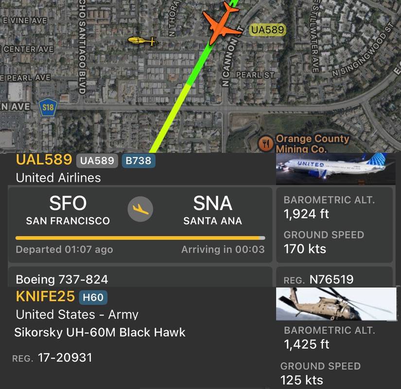 Data from Flightradar 24 shows the near Miss between the UH-60 and B737.