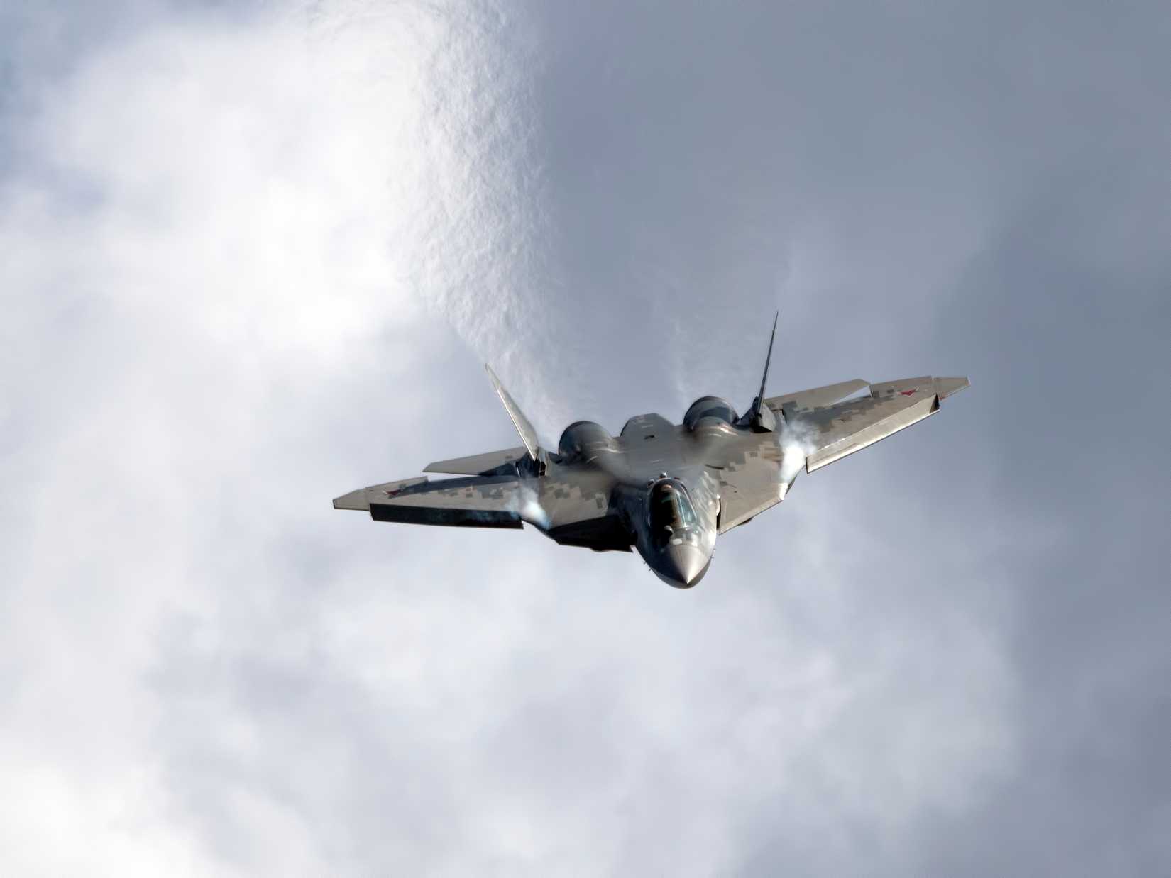 Demonstration of the latest Russian SU-57 fighterof the international aerospace salon MAKS-2021.