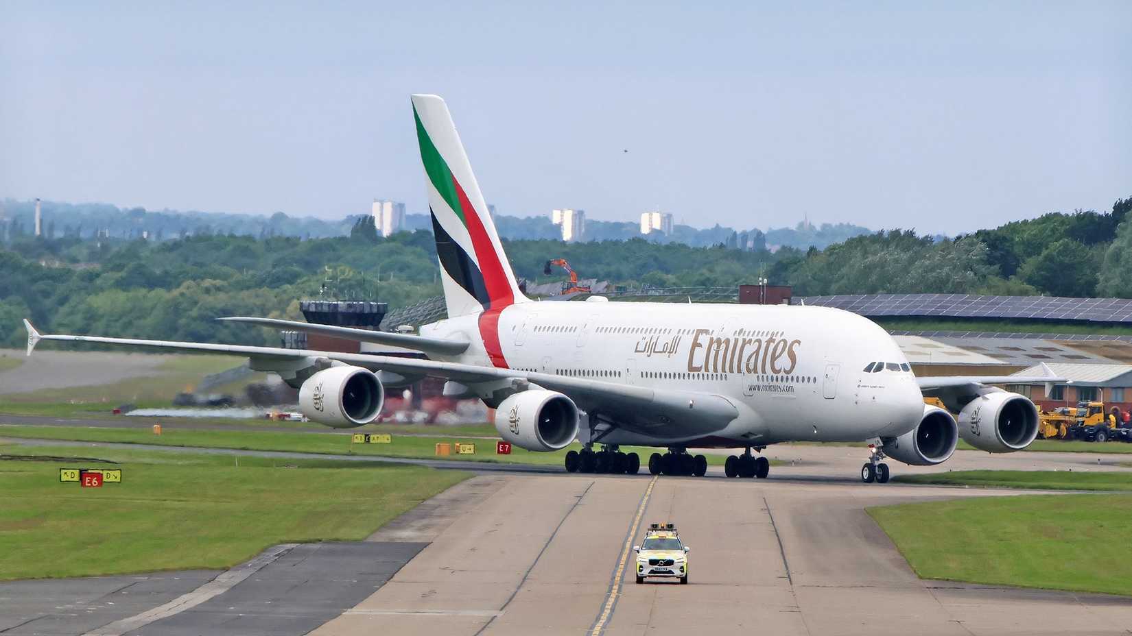 Emirates 615-seat A380 taxiing at Birmingham