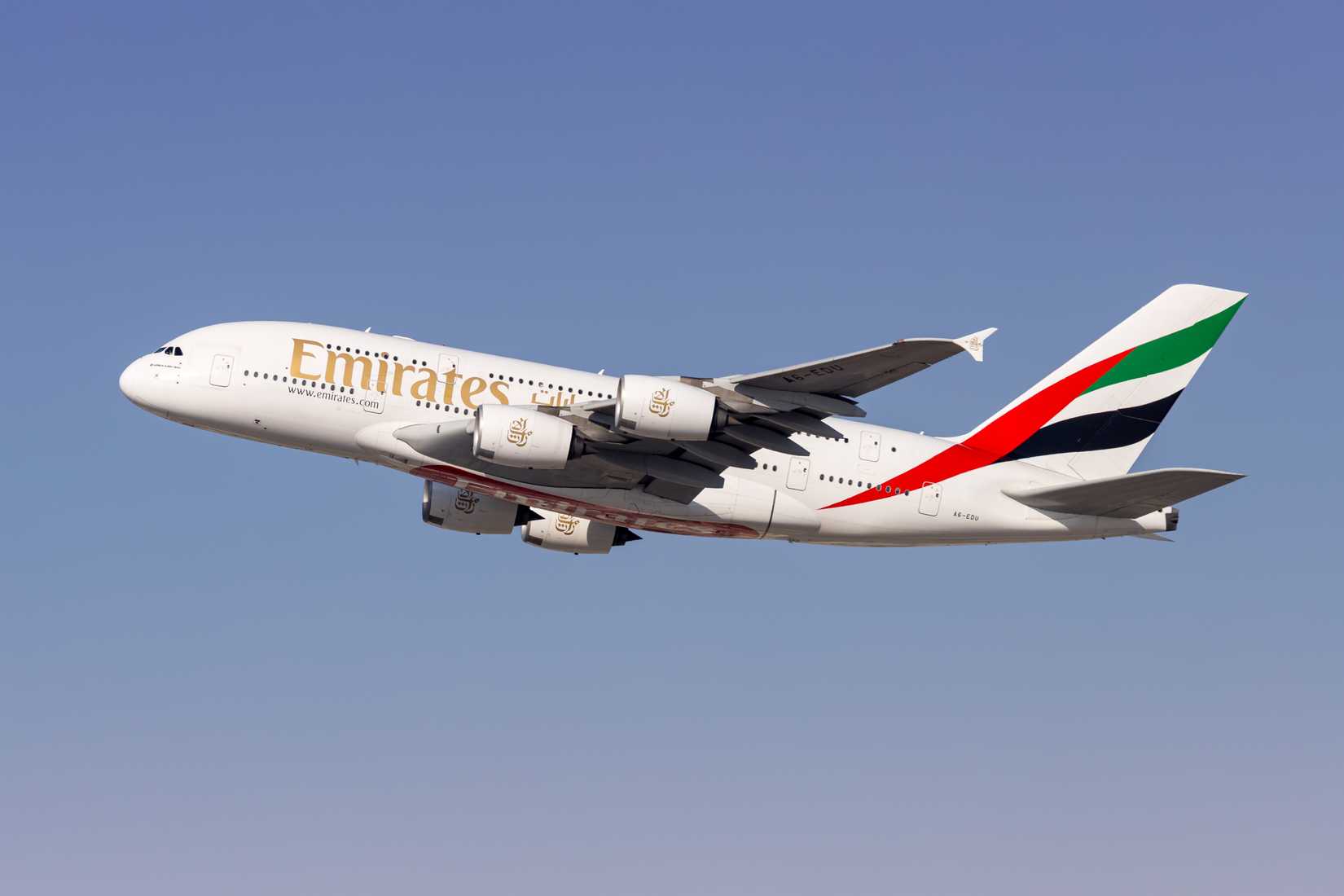 Emirates Airbus A380-800 airplane at Dubai airport in the United Arab Emirates.