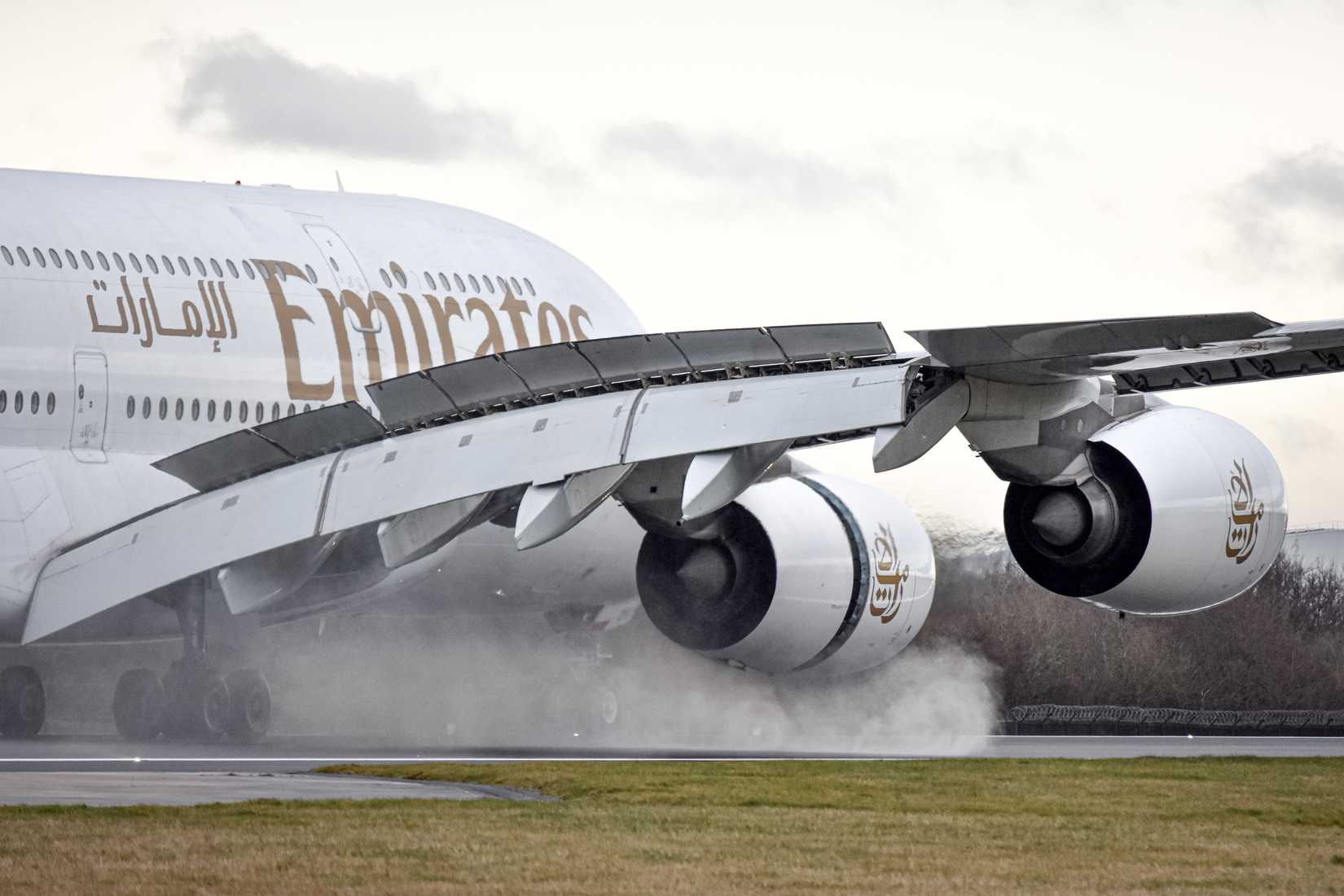 Emirates Airbus A380 A6-EOV arriving at Manchester Airport.-1
