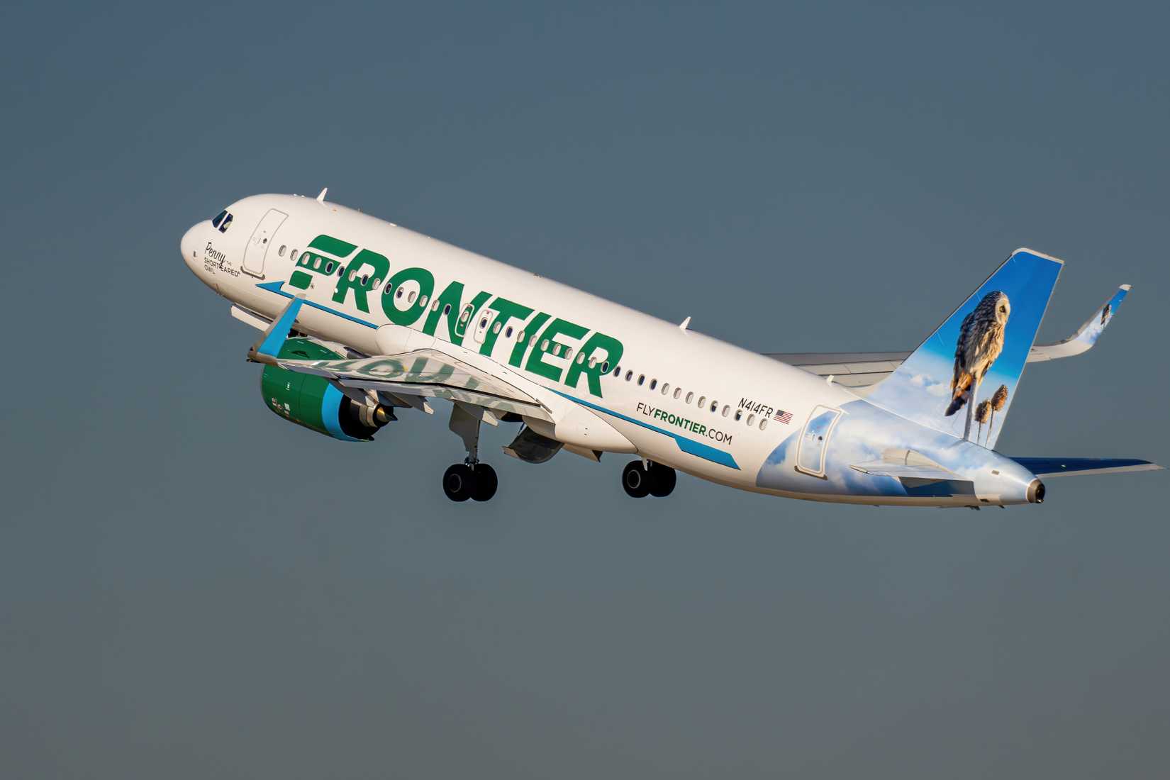 Frontier A320 taking off at Raleigh Durham International Airport in North Carolina USA