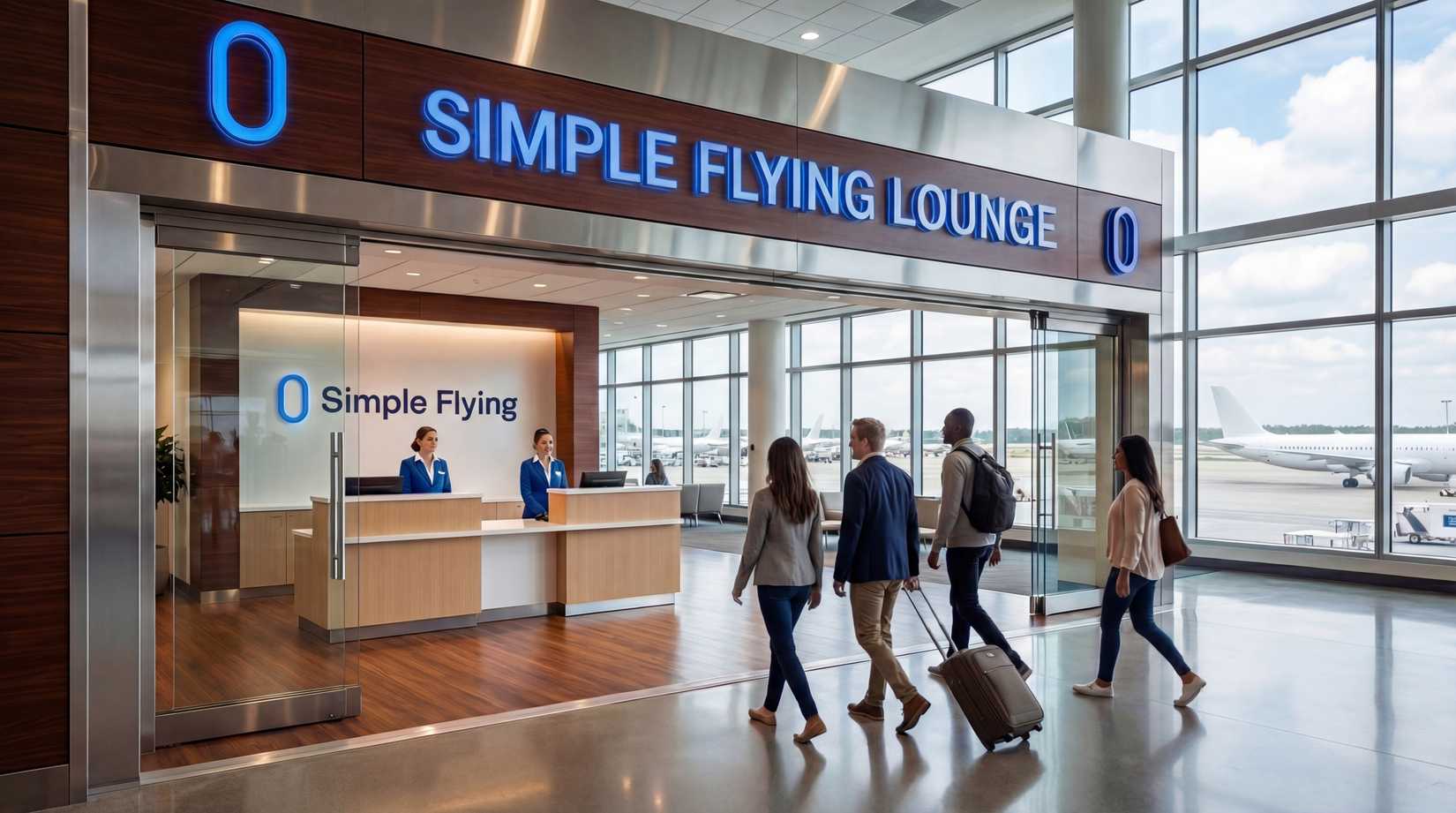 The entrance to a modern airport lounge titled "SIMPLE FLYING LOUNGE," featuring two staff members in blue uniforms at a wooden reception desk. Four travelers with luggage are walking toward the entrance, and large windows in the background show a bright airfield with several parked white aircraft under a blue, cloudy sky.