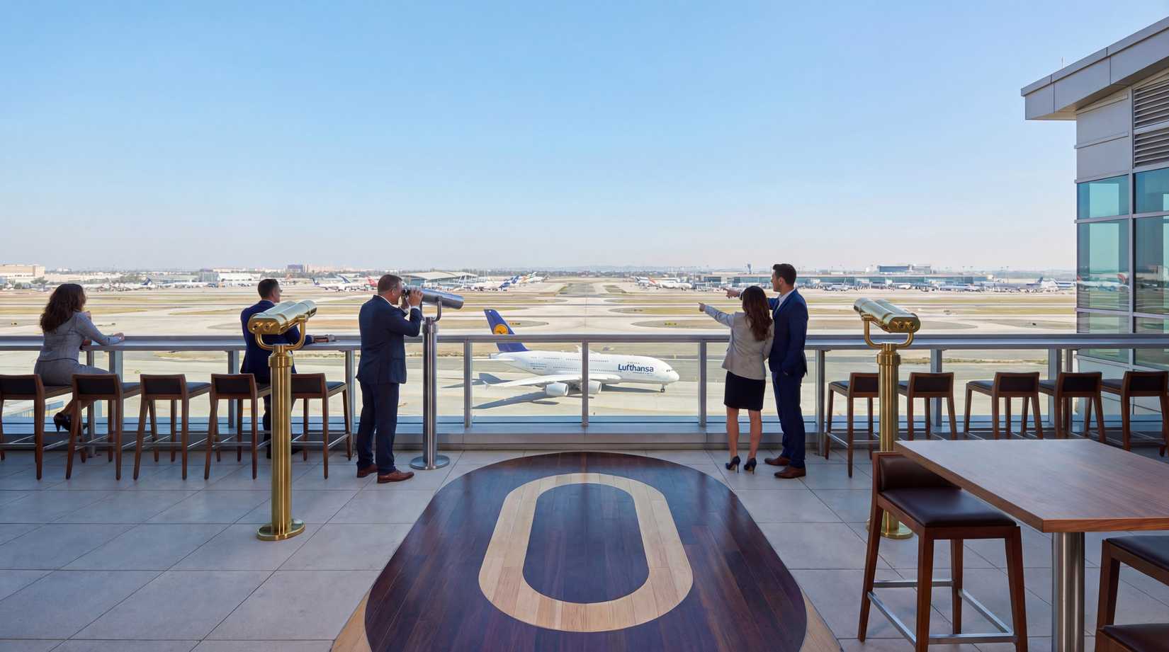 A wide-angle shot of an outdoor airport observation deck where several people in business attire are watching a Lufthansa Airbus A380 taxi on the runway. The deck features gold-colored binoculars, a long railing with bar stools, and a large oval wooden inlay on the floor.