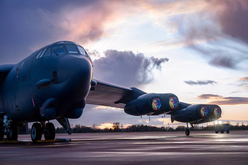 A U.S. Air Force B-52H Stratofortress aircraft rests on the RAF Fairford flightline, illuminated by the setting sun, Feb. 26, 2025. The bomber provides the U.S. and its allies with a flexible and lethal global strike capability. 