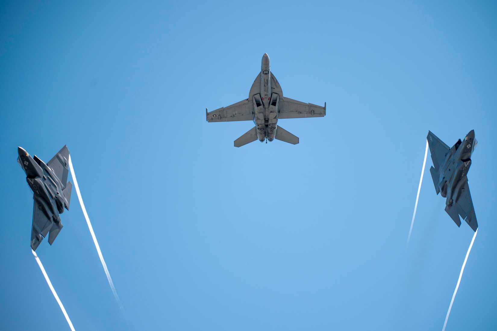 The United States Rhino Demo Team and F-35C Demo Team perform at the 2025 Naval Air Station (NAS) Oceana Air Show.