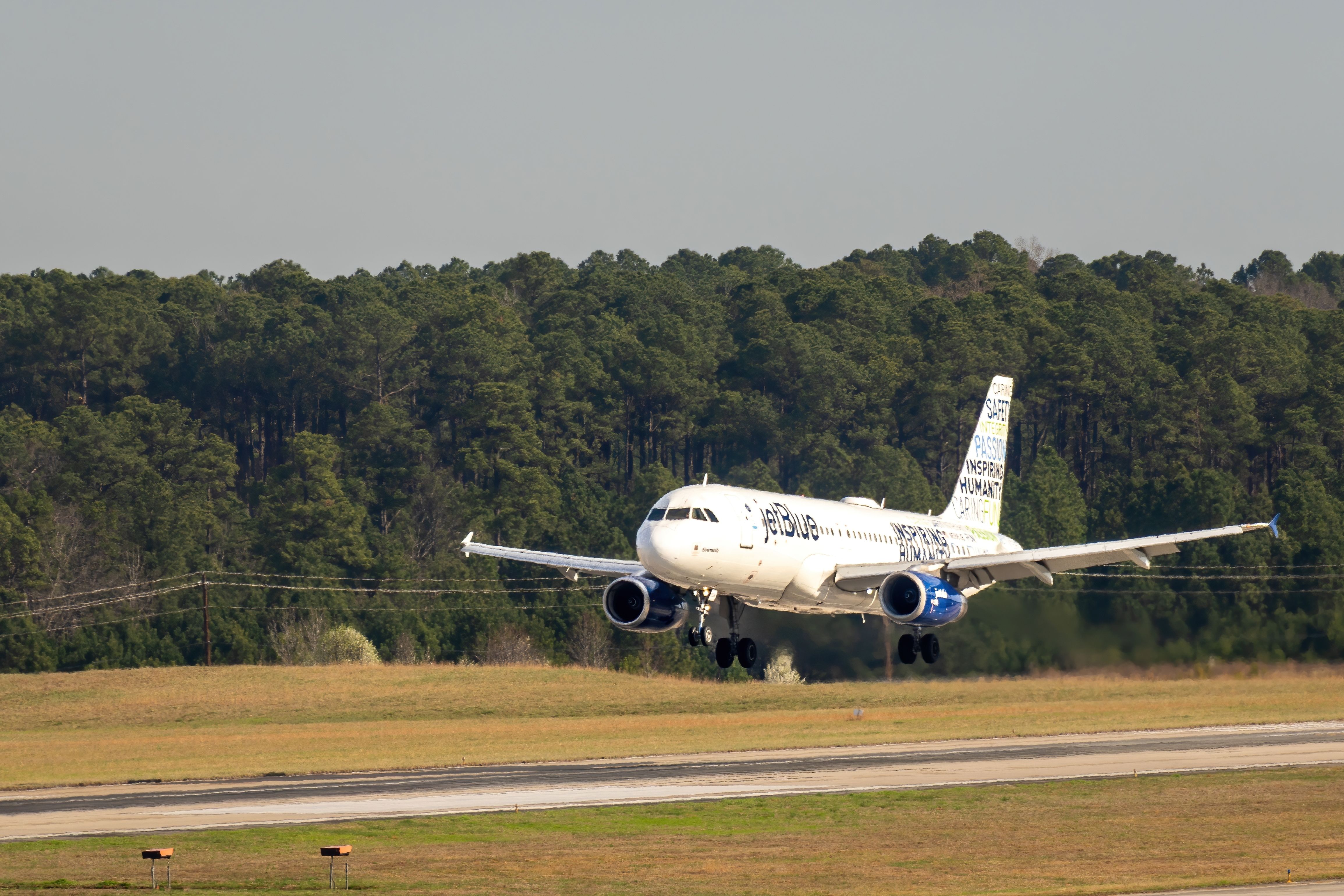 JetBlue Airbus A320 passenger aircraft approaches runway for landing at Raleigh-Durham International Airport.