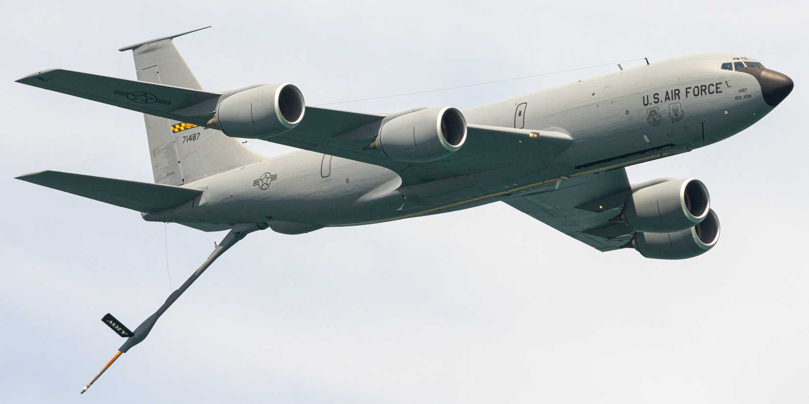 KC-135 tanker flying at a low altitude