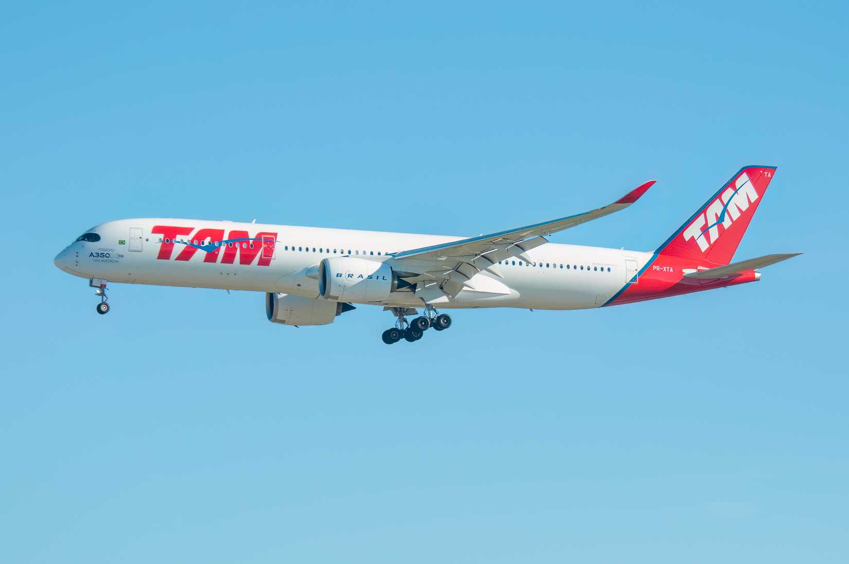 . LATAM Brasil Airbus A350 airliner landing at Madrid Barajas Airport with registration PR-XTA.