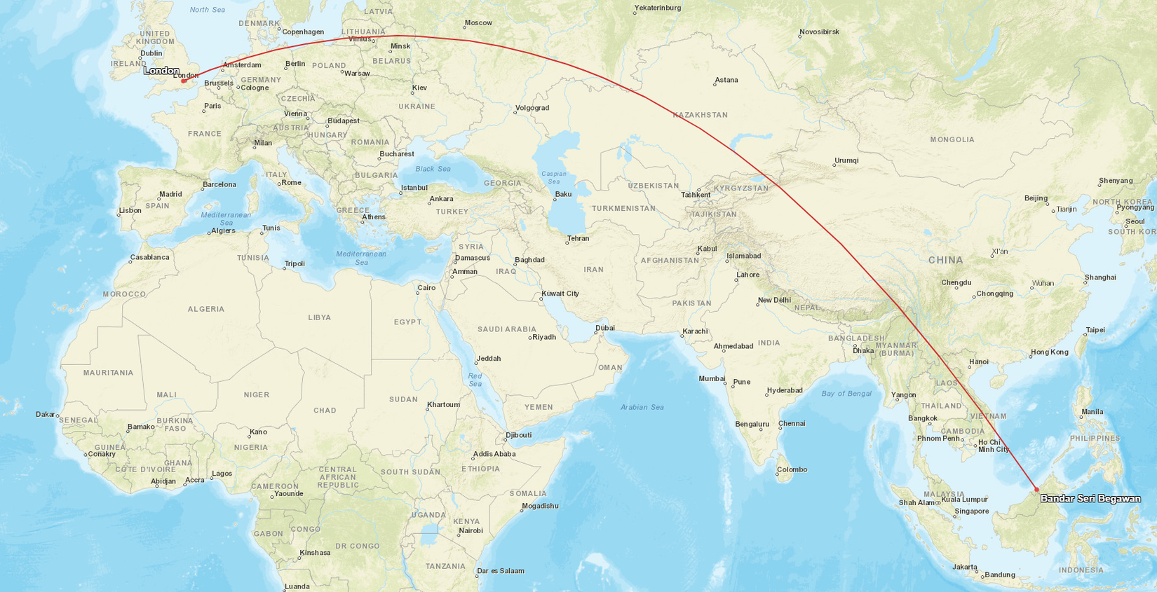 London Brunei Route Map
