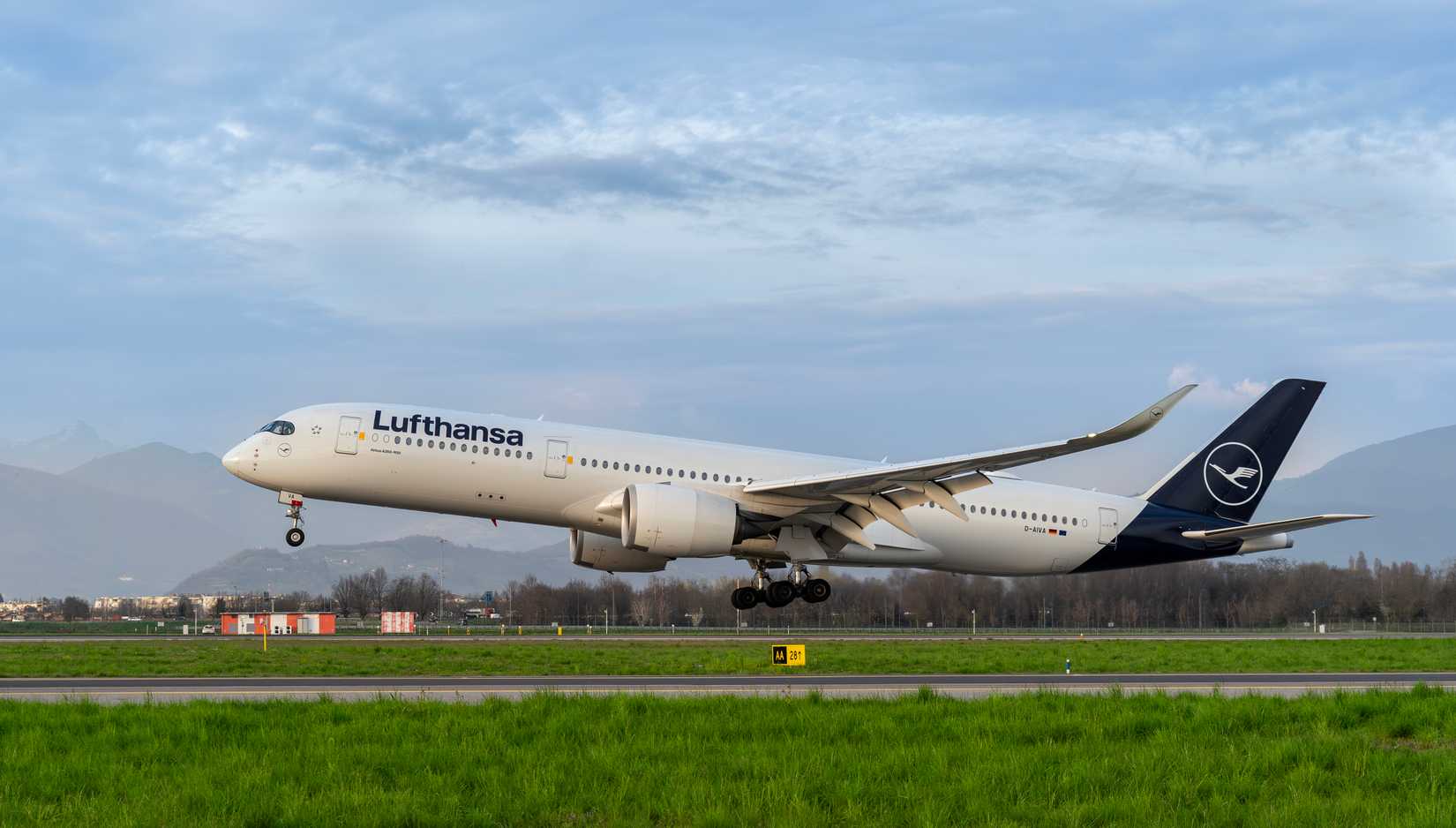 Lufthansa Airbus A350-900 is landing at BGY Milano Bergamo international airport.