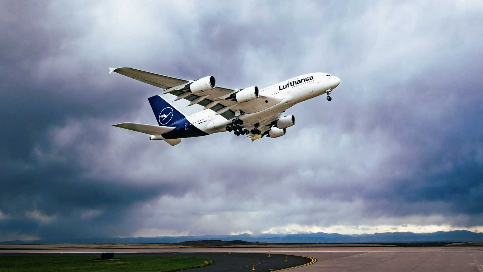 Lufthansa Airbus A380 taking off at Denver