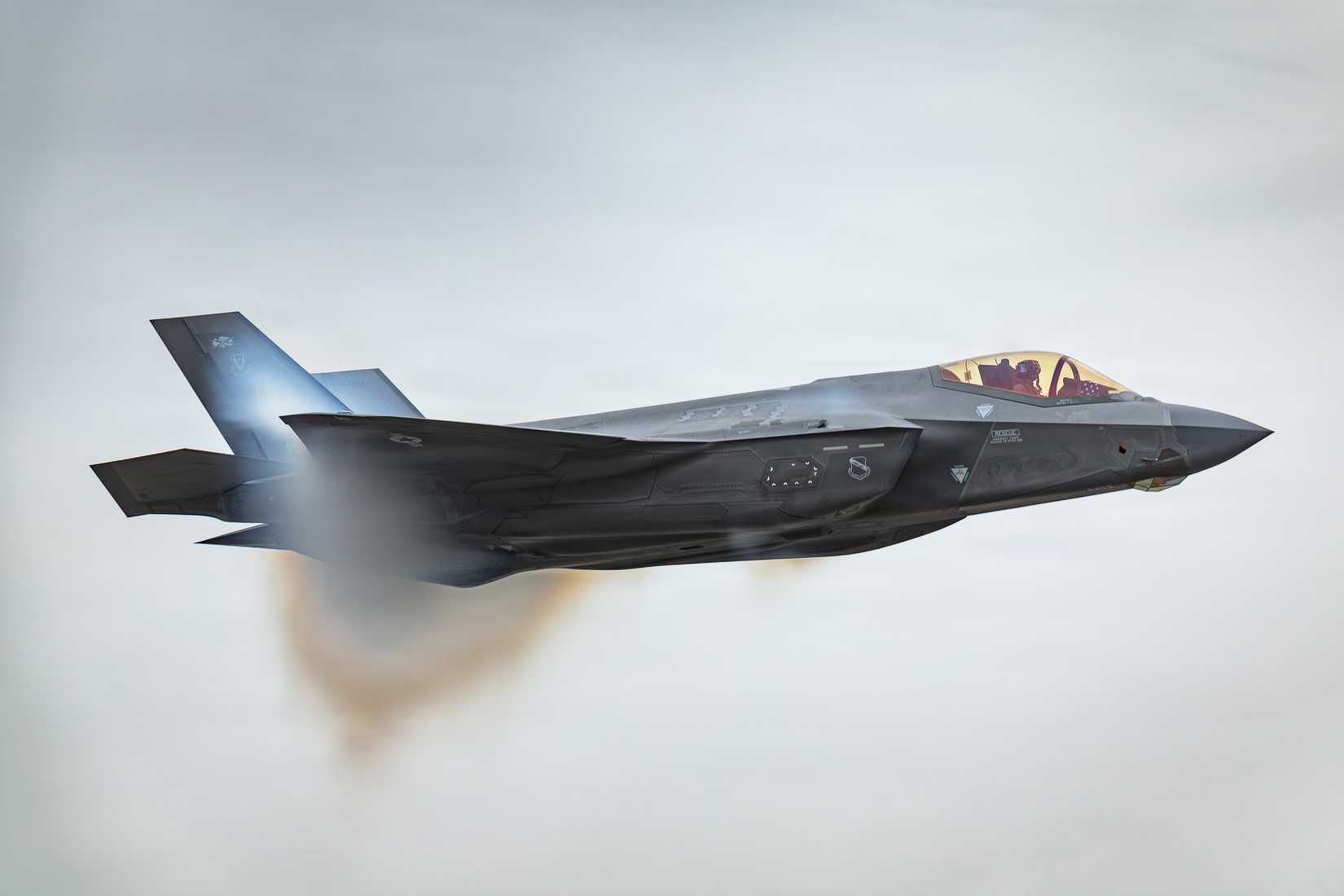Maj. Sean 'Rambo' Loughlin, United States Air Force F-35 Demonstration pilot is performing a high speed pass during a practice demo above Hill Air Force Base.
