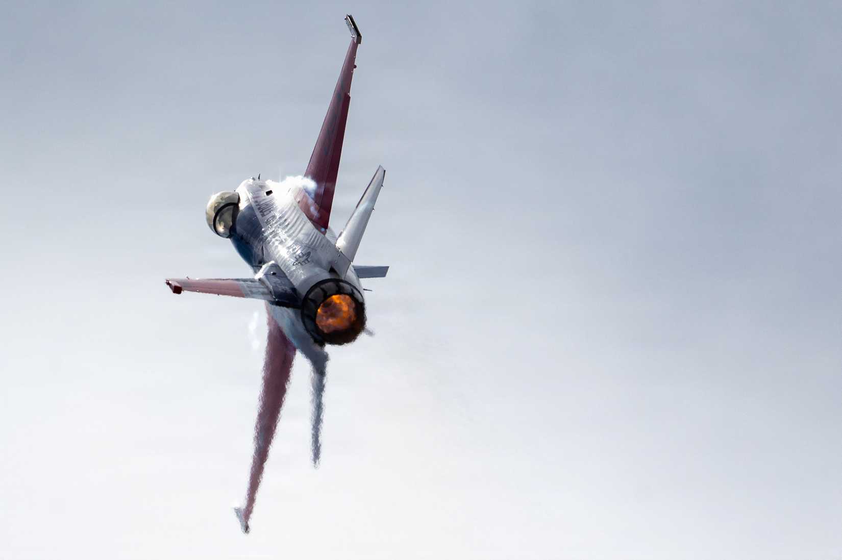 Major Taylor Hiester, F-16 Viper Demonstration Team commander and pilot, performs aerial maneuvers in a F-16C Fighting Falcon.