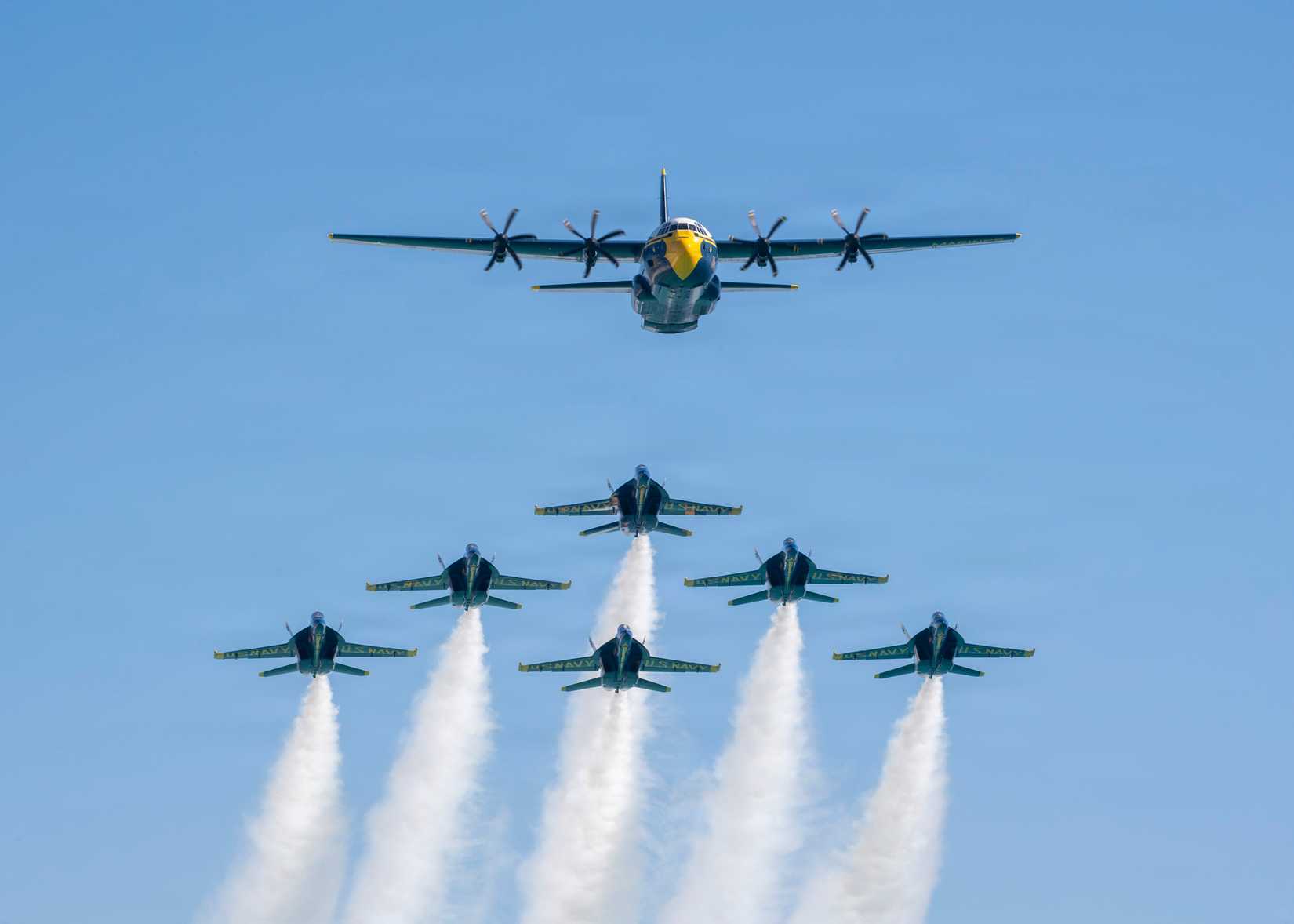 Navy Flight Demonstration Squadron, the Blue Angels perform at the Pensacola Beach Air Show in Pensacola, Florida.