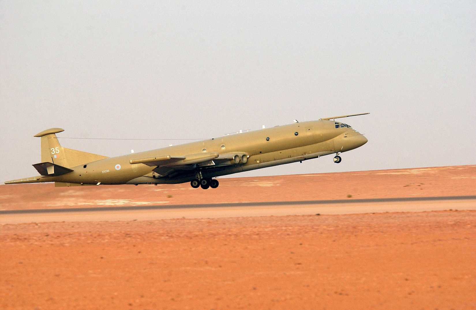  Hawker Siddeley (BAe) Nimrod MR2 maritime patrol aircraft (s/n XV235) takes off for a mission in support of Operation "Iraqi Freedom".