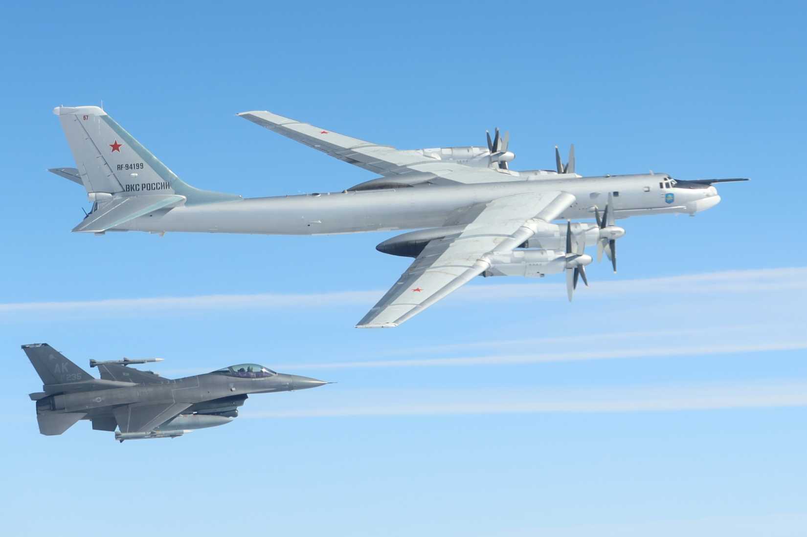North American Aerospace Defense Command (NORAD) F-16 Fighting Falcon fighter aircraft intercepted a Russian Tu-95 military, 2025.