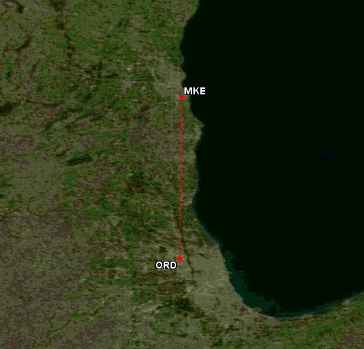 ord-mke flight route GCMap