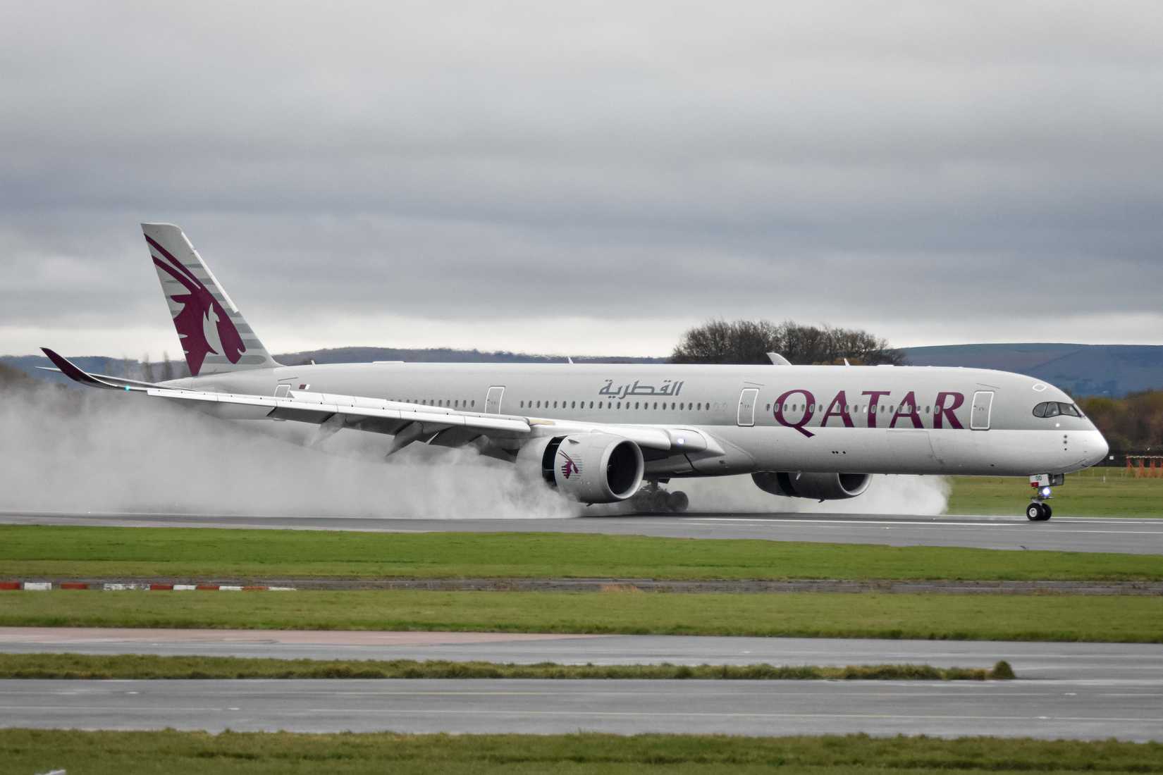 Qatar Airways Airbus A350-1000 A7-AOD arriving at Manchester Airport.