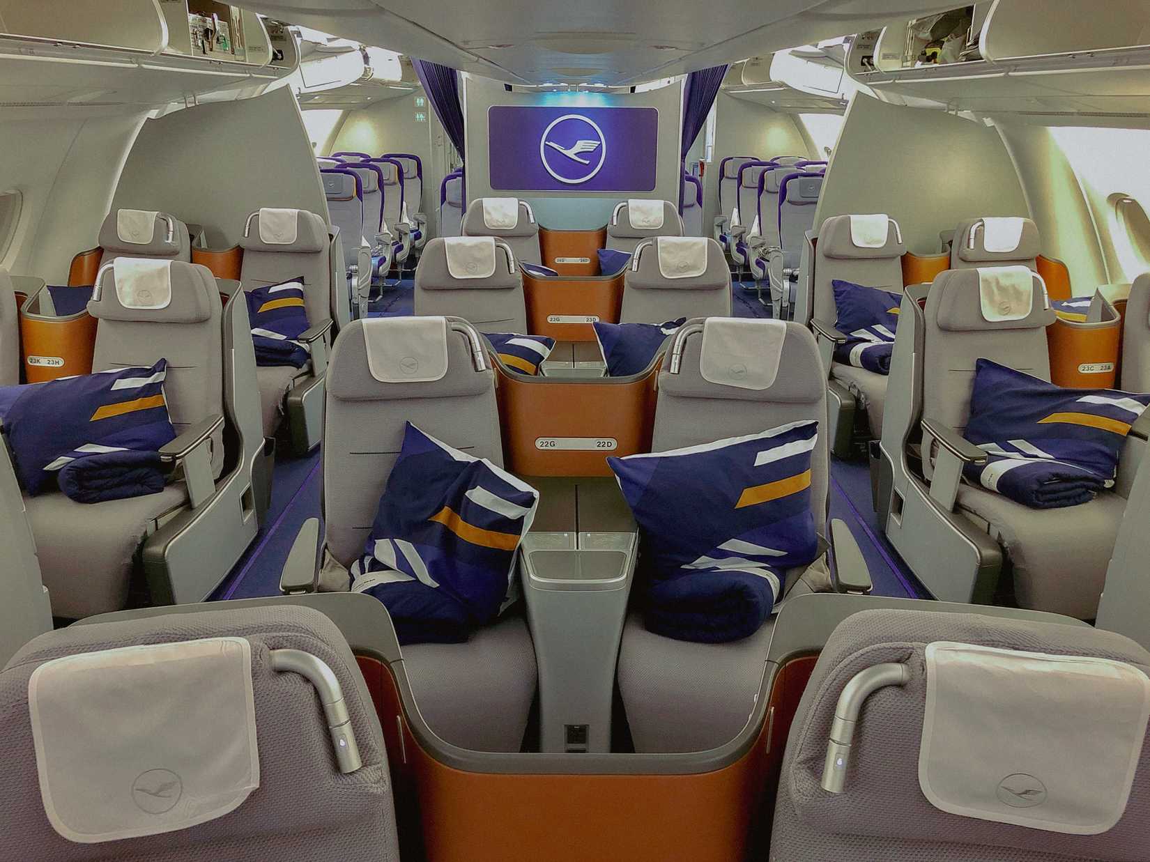 View into rear Business Class cabin aboard Lufthansa Airbus A380 before boarding at Munich Airport on 30 December 2019