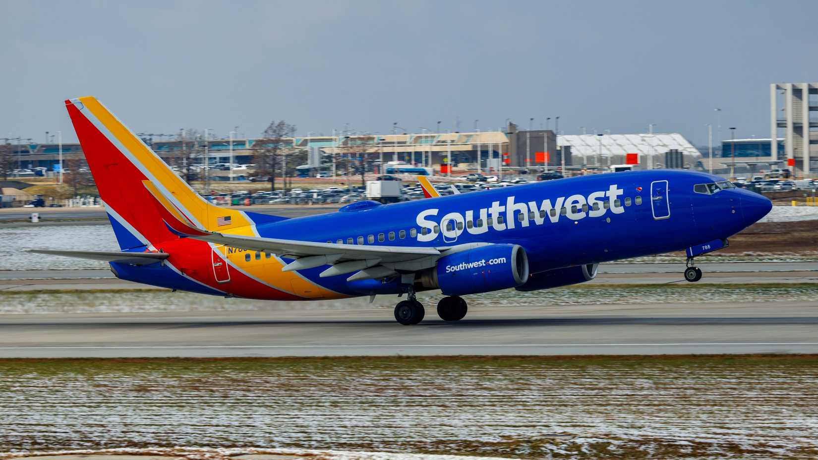 Southwest Airlines Boeing 737-700 taking off from Kansas City International Airport.