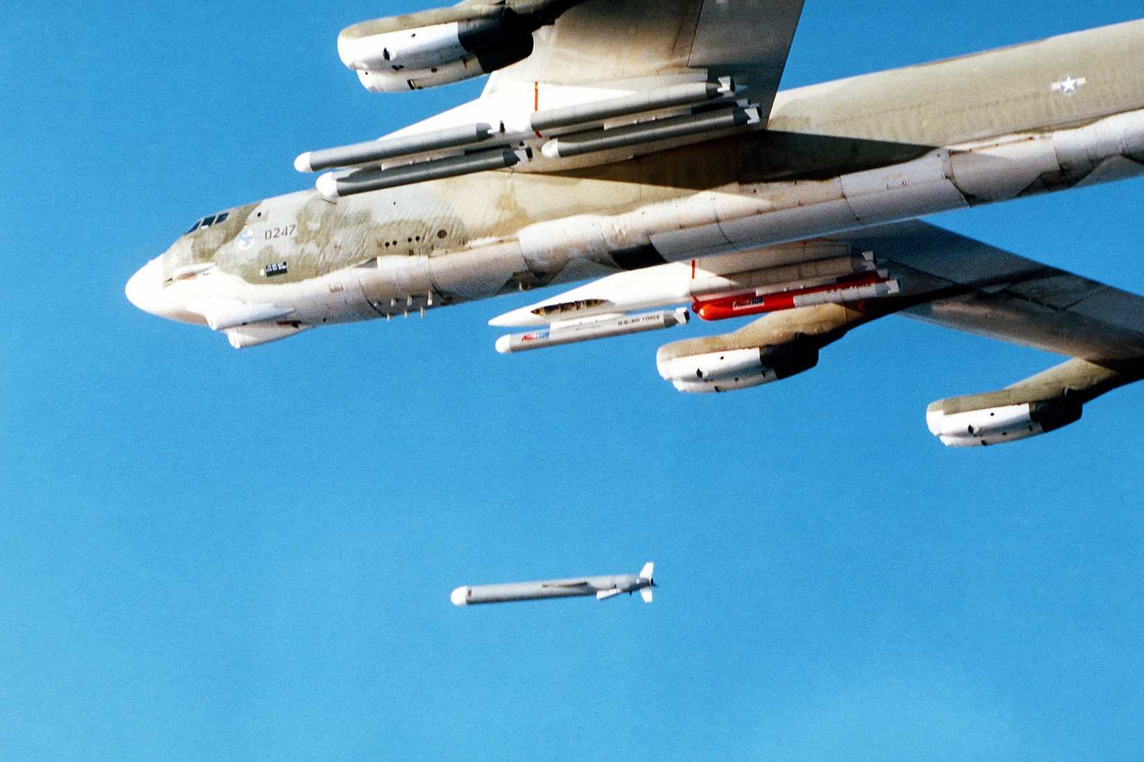B-52 aircraft releasing an Tomahawk air-launched cruise missile. Dec. 6 1979.