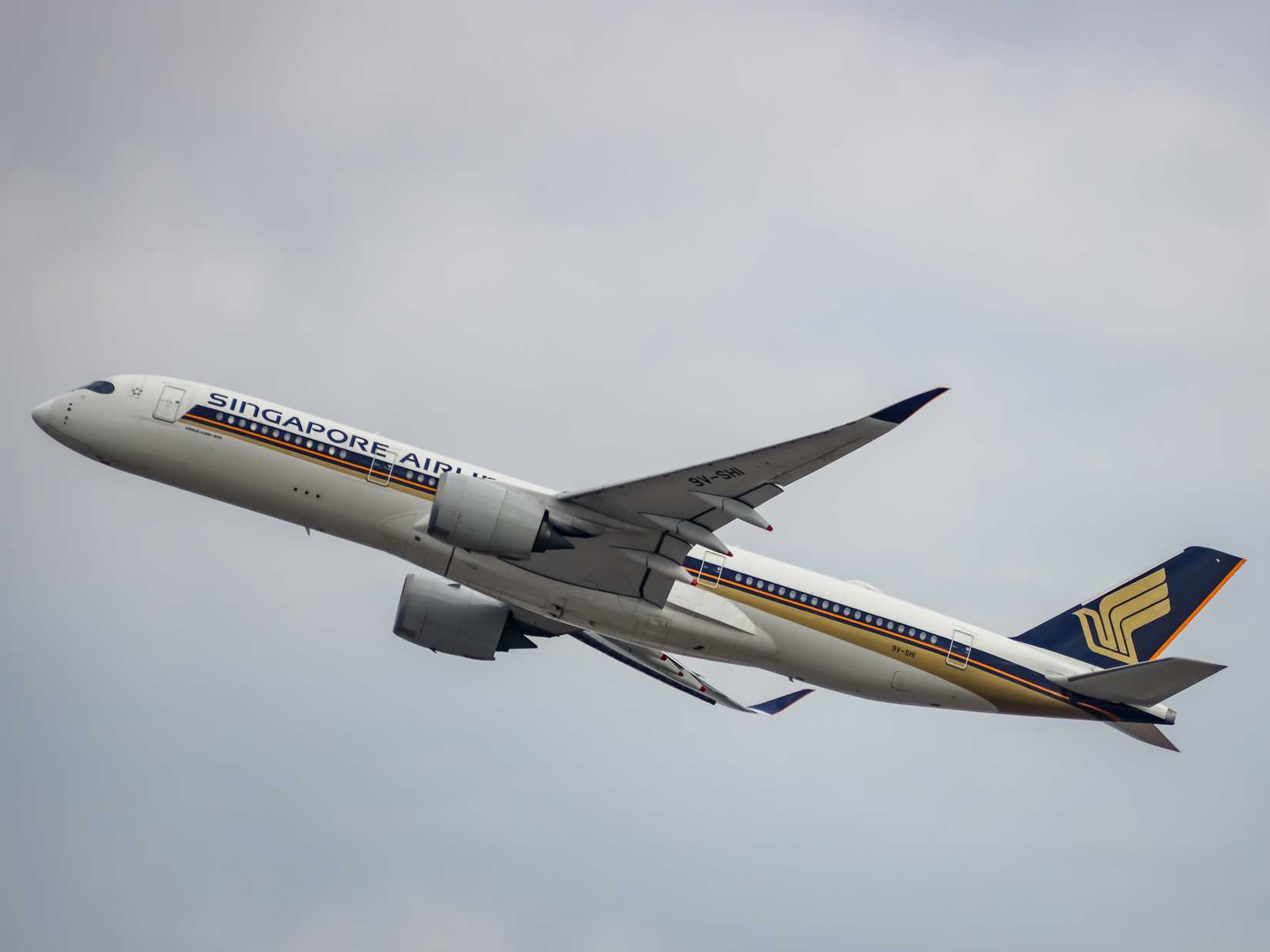 Singapore Airlines Airbus A350-900 taking off from Terminal 1, Changi Airport.