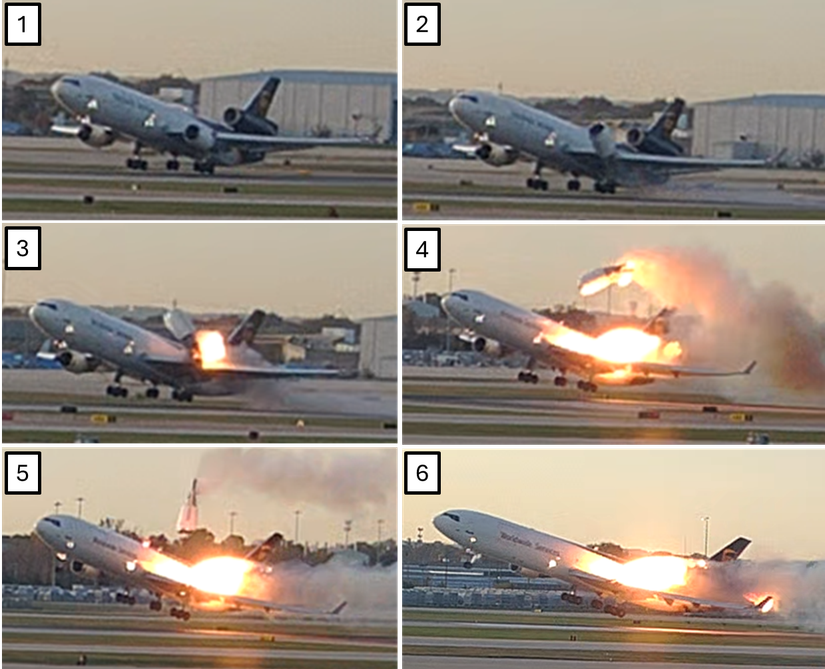 Still images from an airport surveillance video showing the left engine and left pylon.