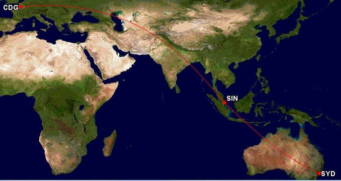 Qantas flight route map from Sydney to Paris via Singapore'