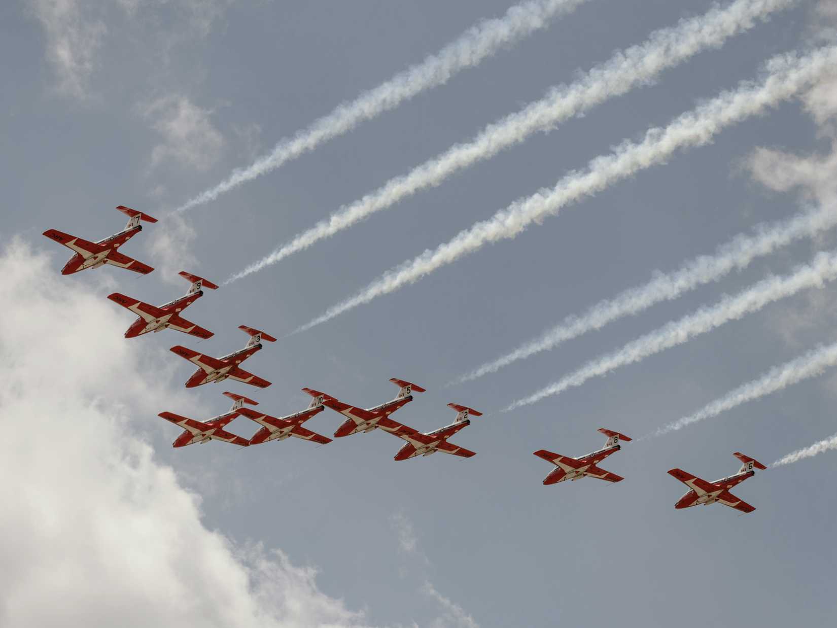 The Canadian Forces Snowbirds practice their routine.