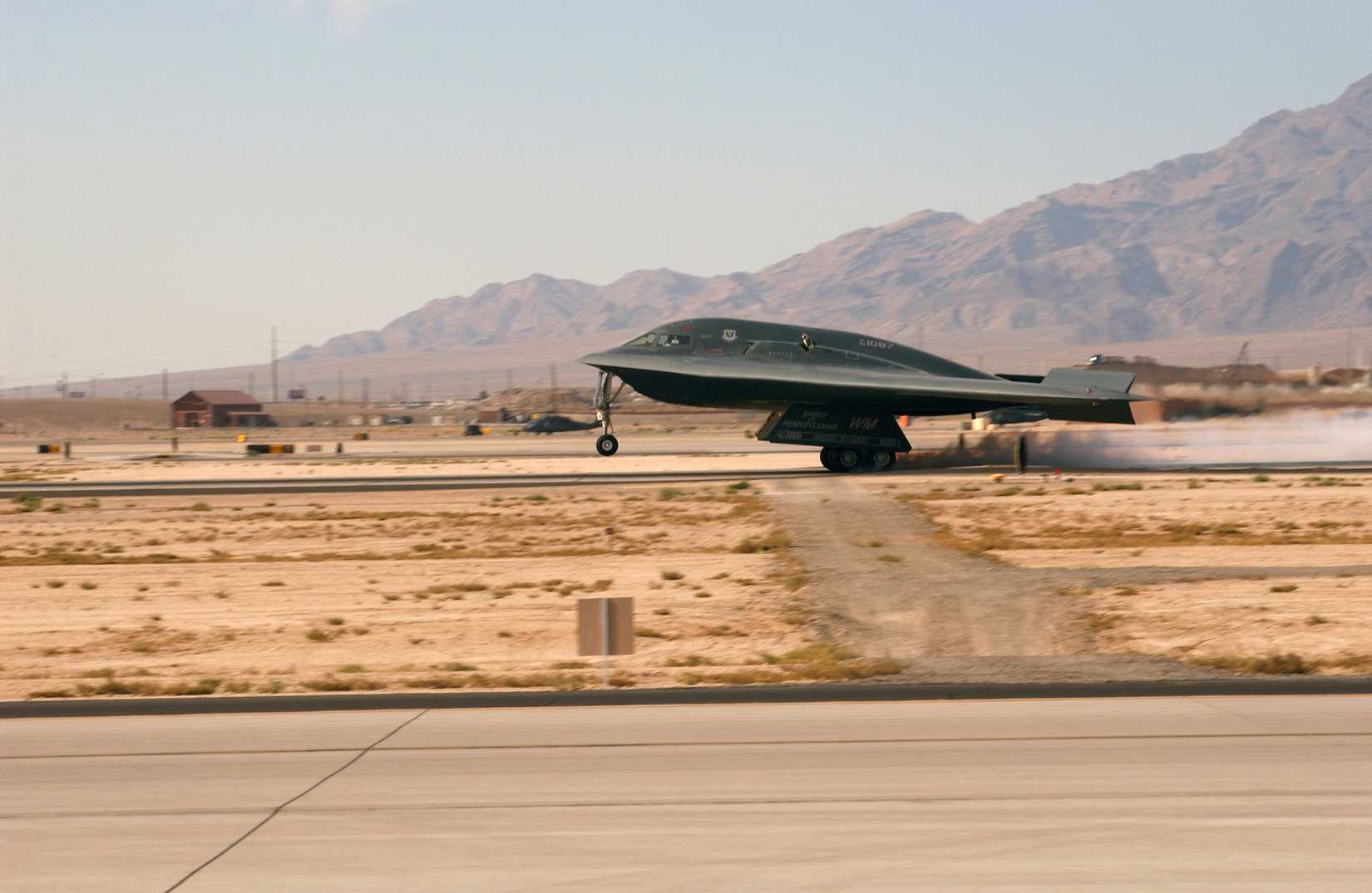 The US Air Force (USAF) B-2 Spirit bomber, The Spirit of Pennsylvania, lands at Nellis Air Force Base (AFB), Nevada (NV).