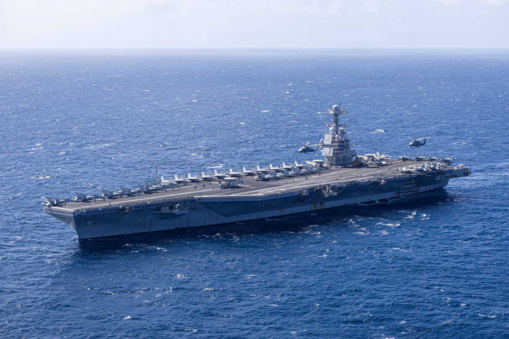 The world’s largest aircraft carrier, Ford-class aircraft carrier USS Gerald R. Ford (CVN 78), transits the Caribbean Sea.