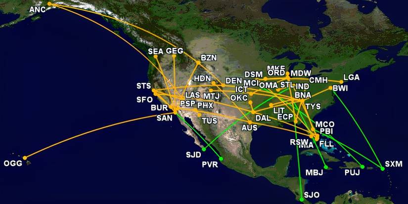 A map showing Southwest Airlines' new nonstop routes