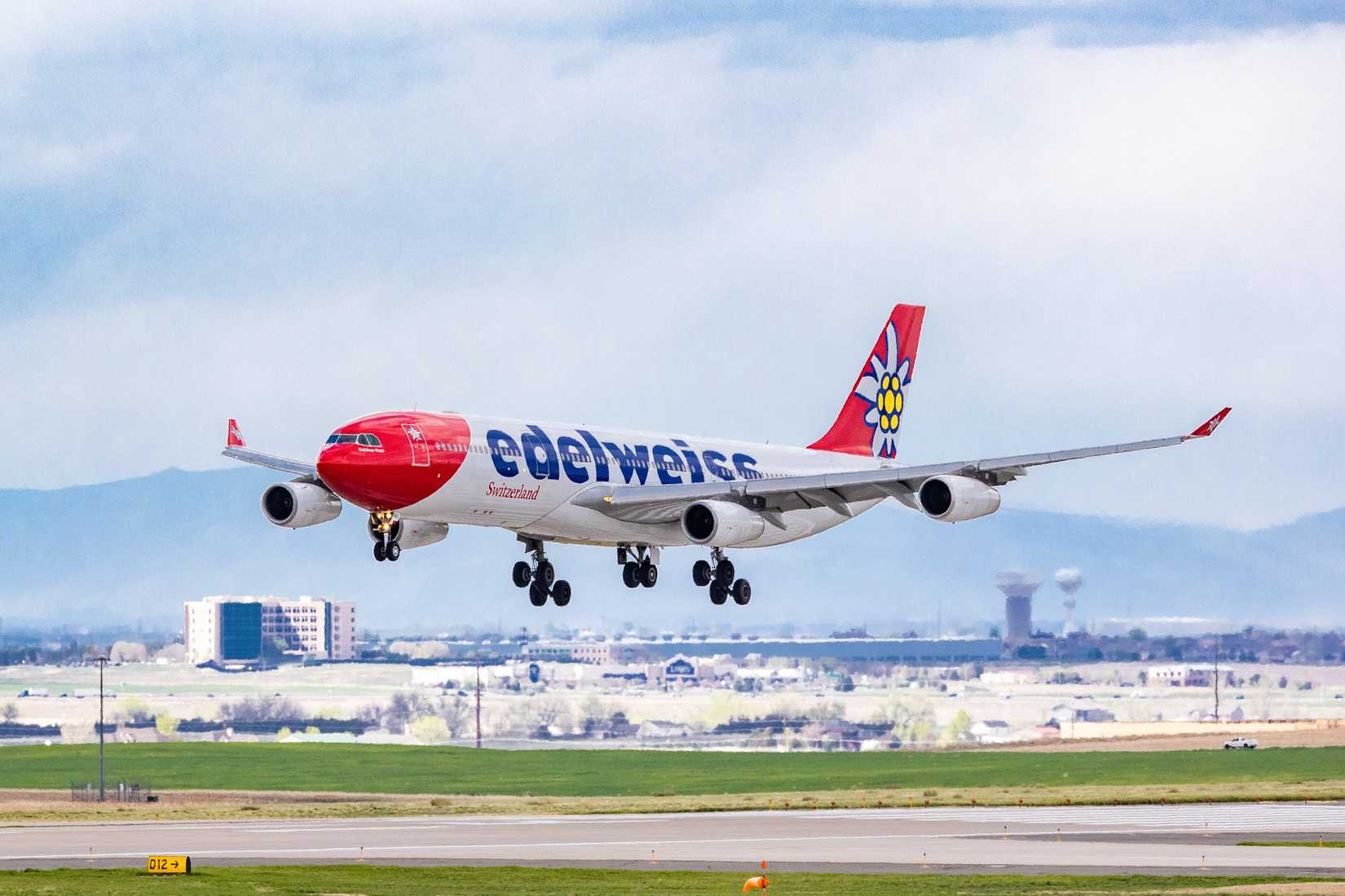 Edelweiss Airbus A340-300 landing at Denver