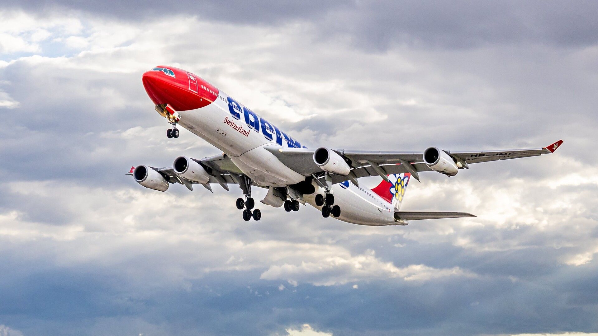 Edelweiss Airbus A340-300 taking off from Denver