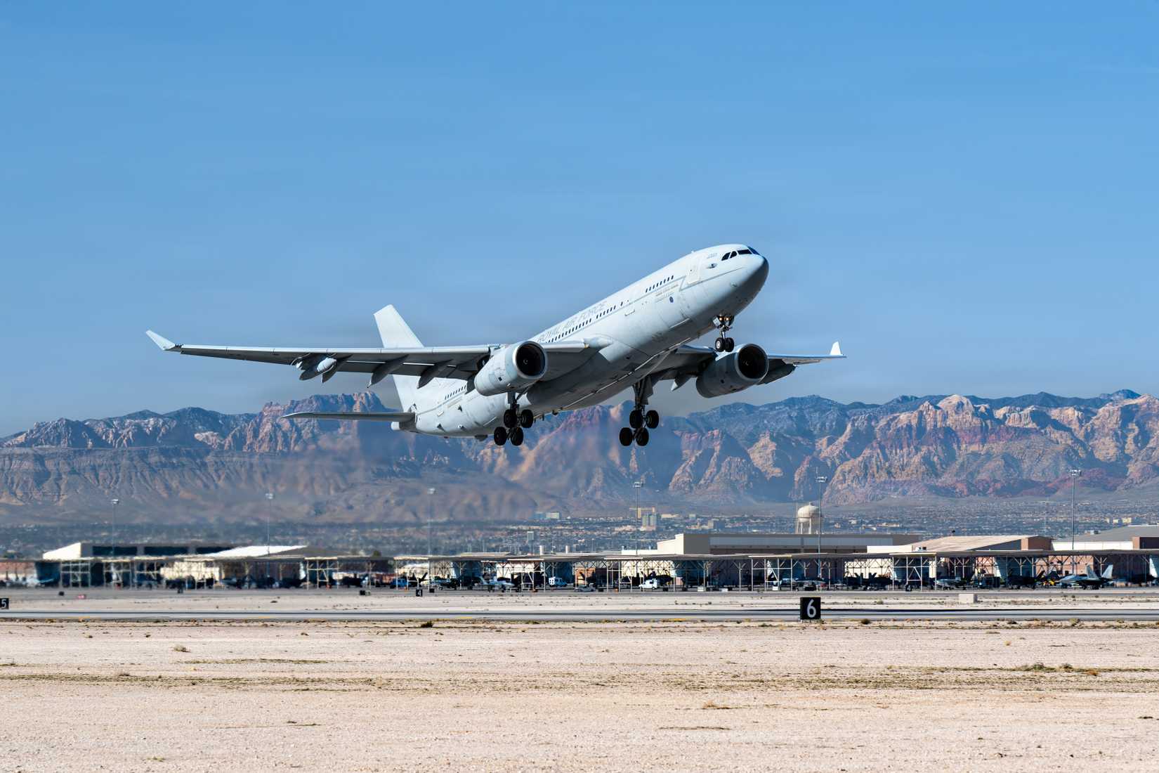 A British Royal Air Force A330 Voyager tanker takes off from Nellis Air Force Base, Nevada, in support of Red Flag-Nellis 26-1, Jan. 29, 2026.