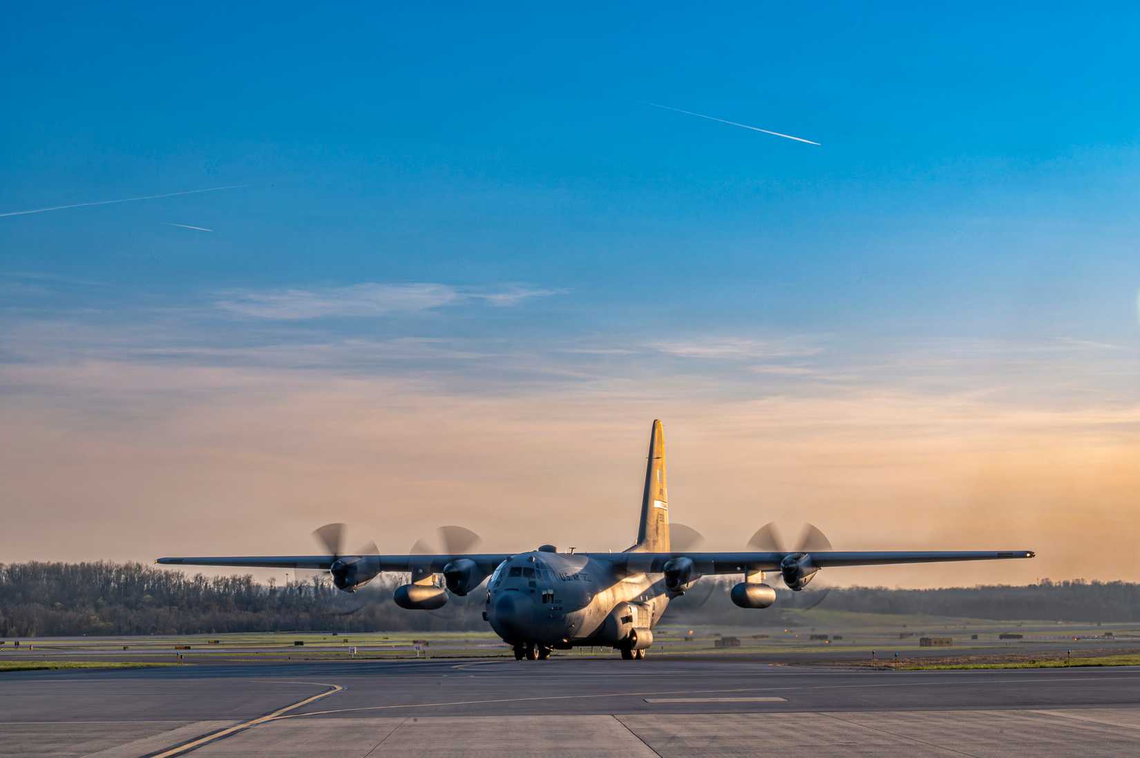 A C-130 Hercules taxis off the flightline at the Pittsburgh International Airport Air Reserve Station, Pennsylvania, April 8, 2026.