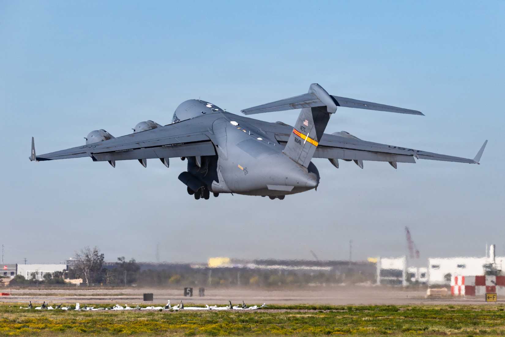 A C-17 Globemaster III lifts off the runway during the Luke Days 2026 airshow, March 20, 2026.