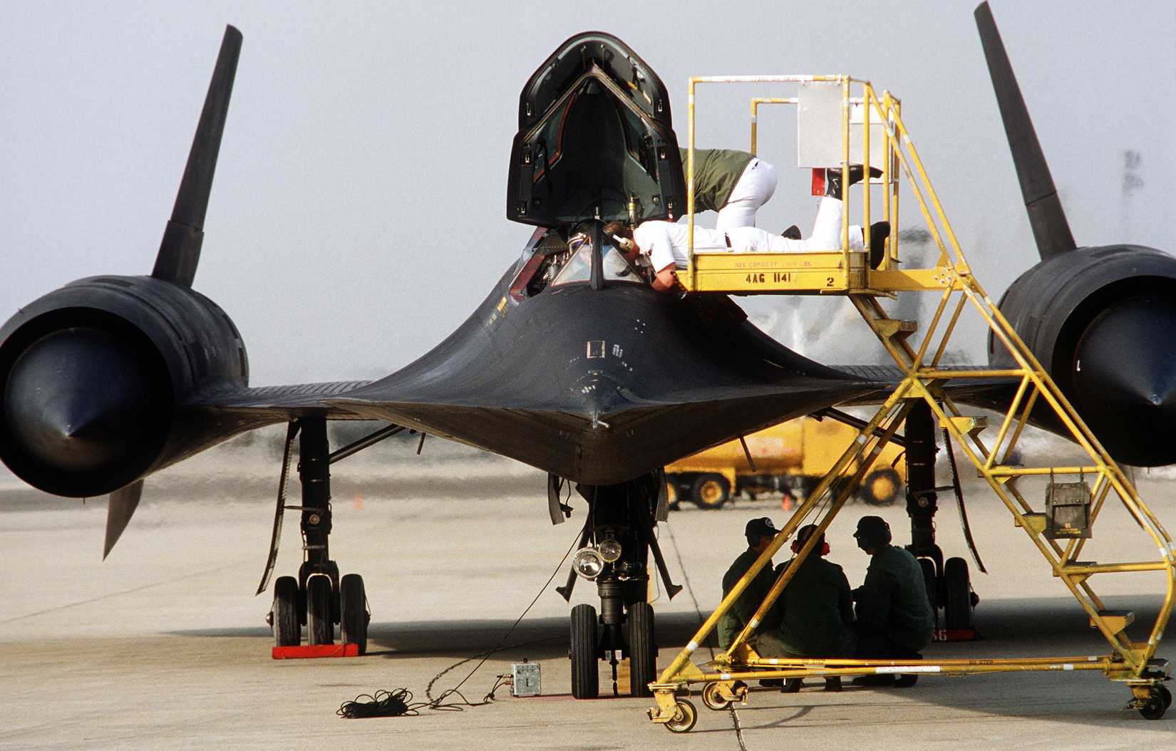 A direct front view of an SR-71 Blackbird aircraft after landing from its 1,000th sortie.