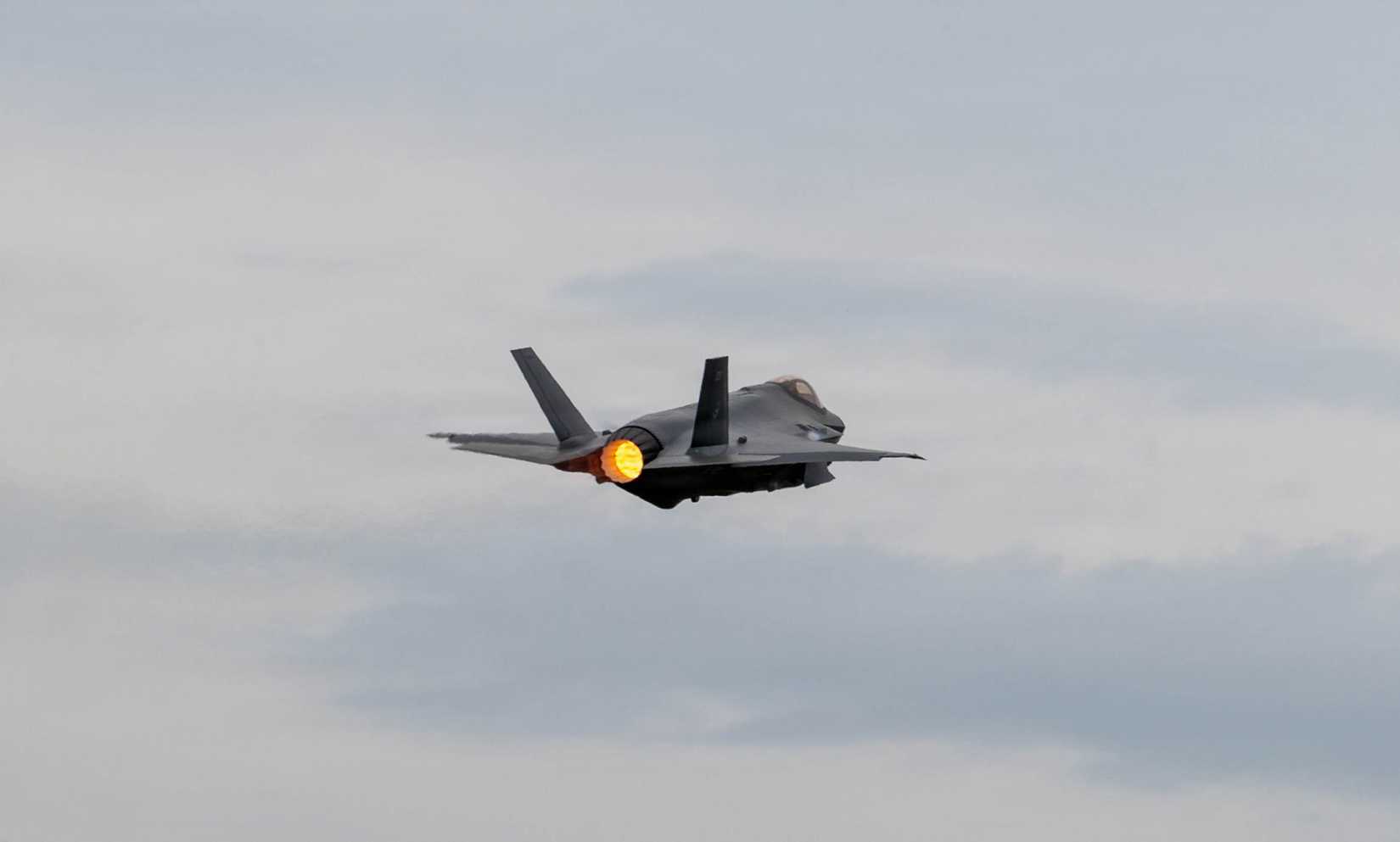 A Finnish pilot takes off for the first time in an F-35 Lightning II during training at Ebbing Air Force National Guard Base.