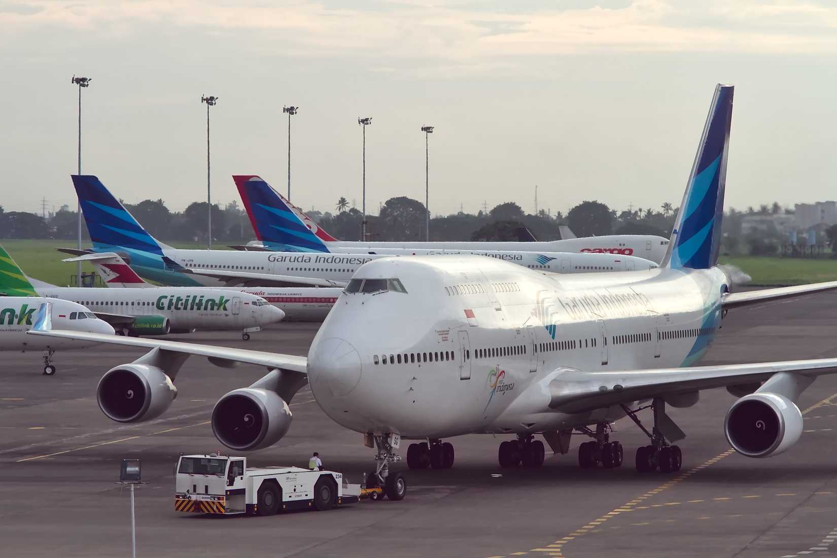 A jumbo jet Boeing 747-400 Queen of the Sky in the Garuda Indonesia livery.