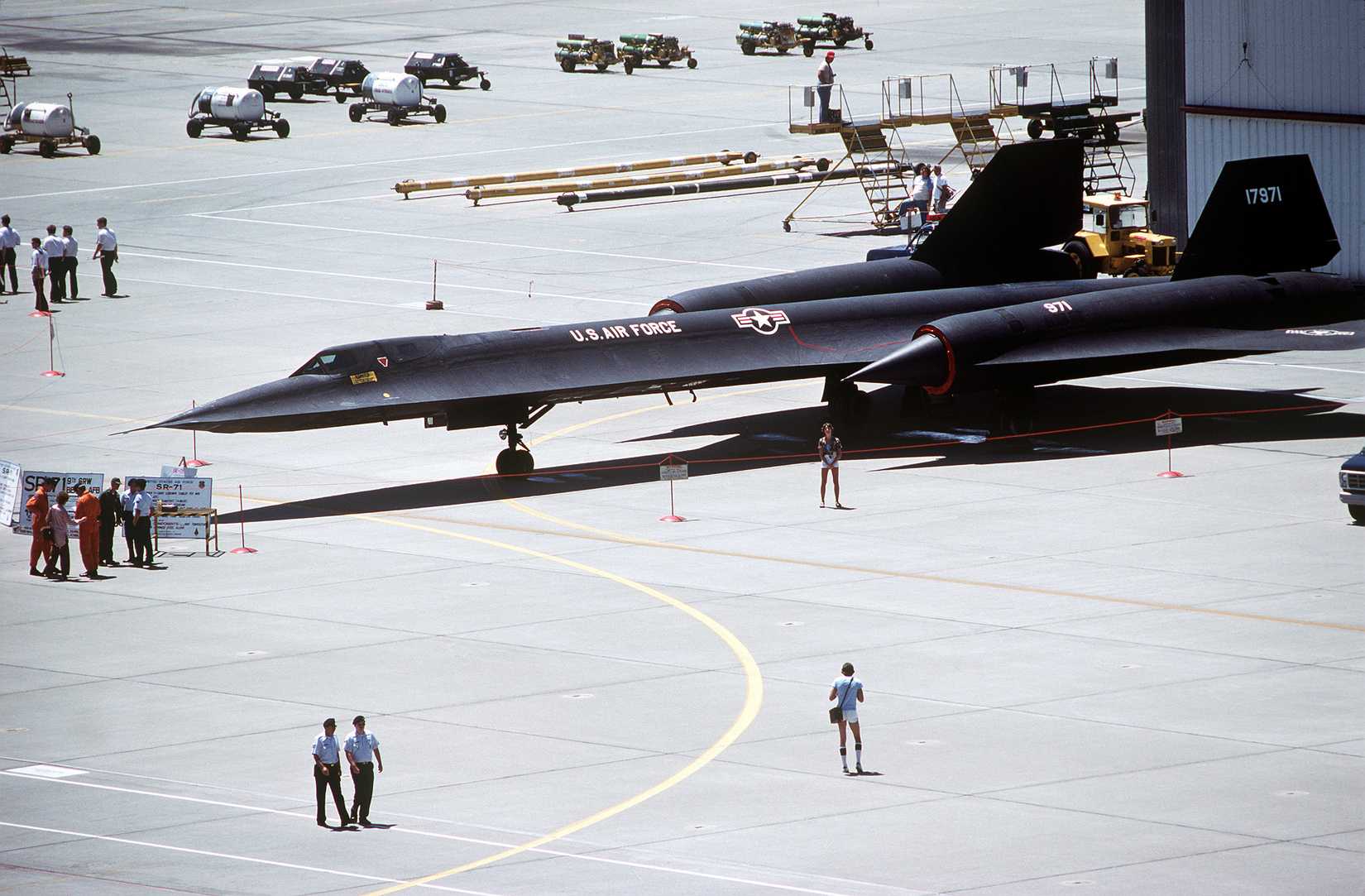 A left side view of the SR-71 Blackbird aircraft on display.
